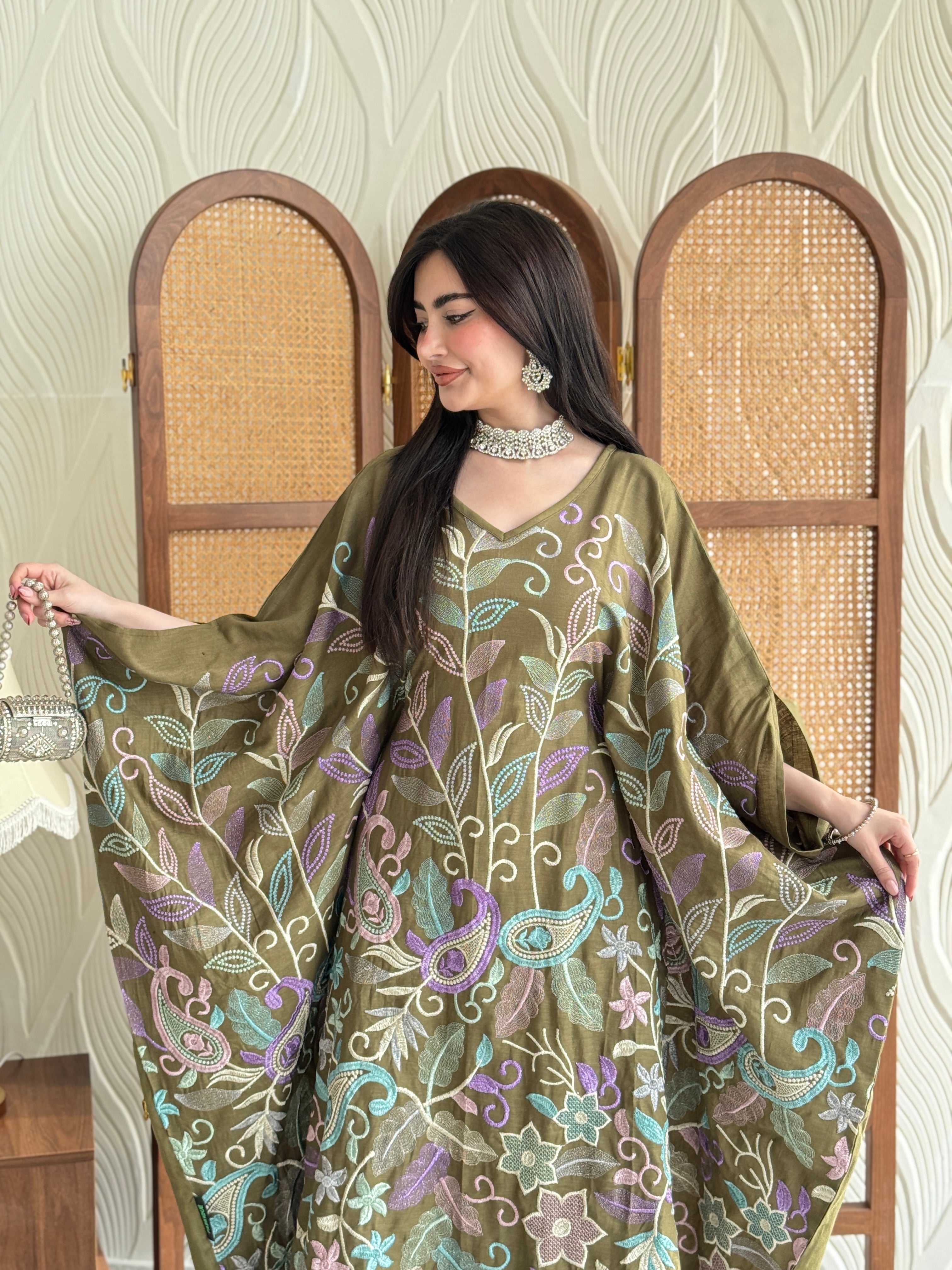 FAB264-Khaki Olive Linen free-size jalabiya with elegant multicolor embroidery