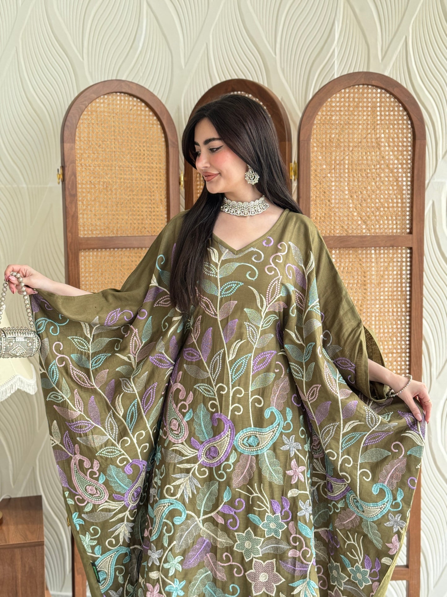 FAB264-Khaki Olive Linen free-size jalabiya with elegant multicolor embroidery