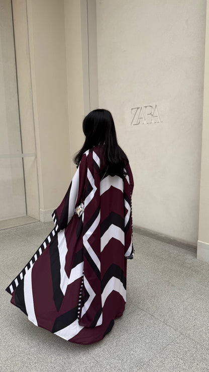FAB302-Maroon & Black Printed Chiffon Silk A-Cut Abaya Set