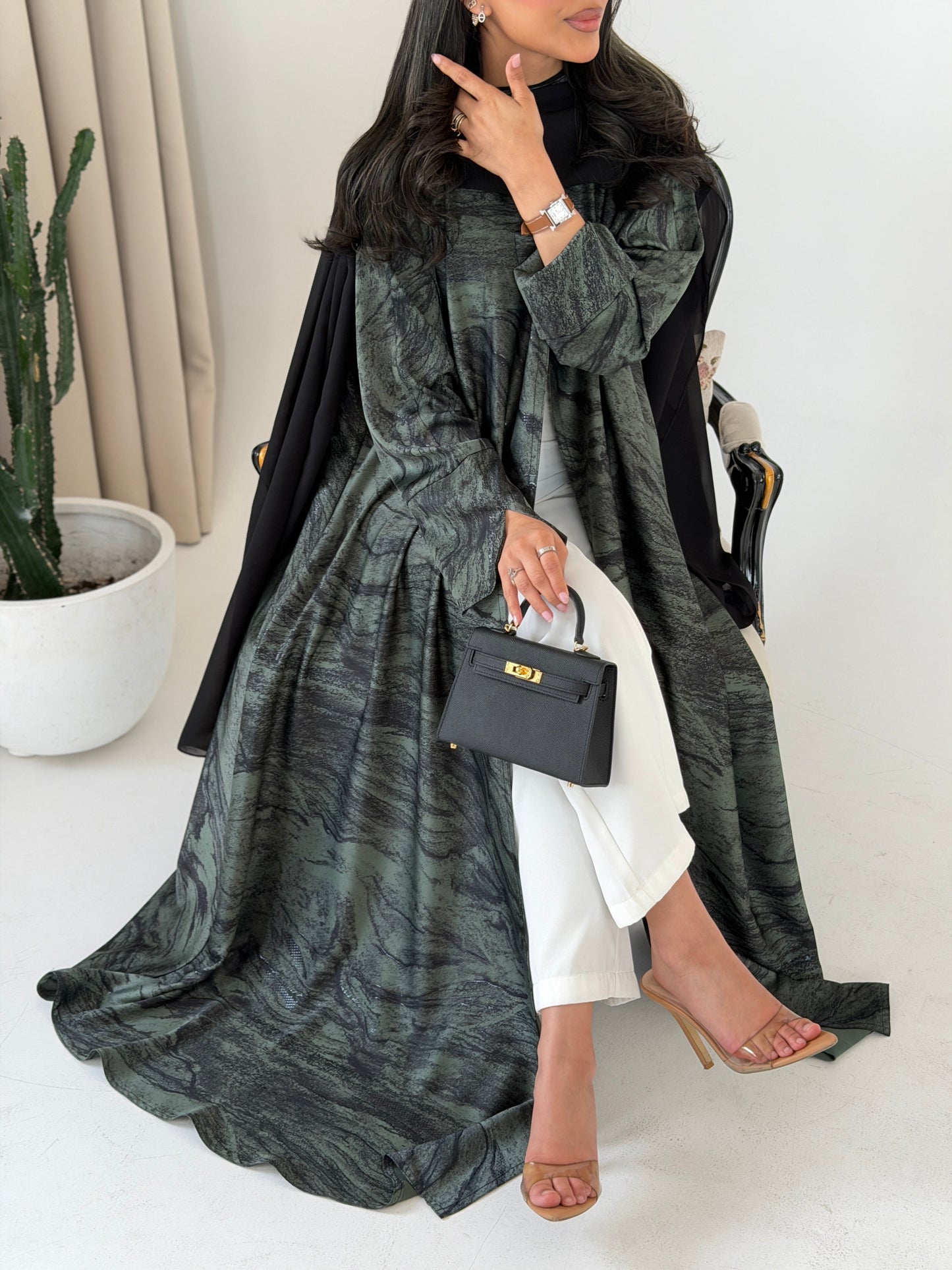 FAB288- Green Marble Print - Crepe A-Cut Abaya with pipping headscarf