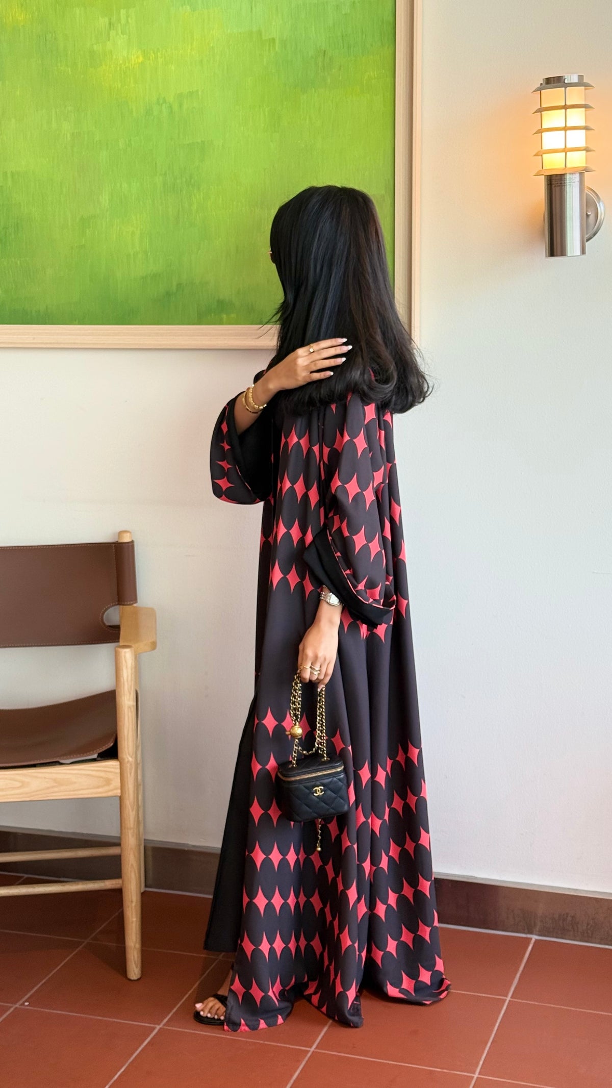 FAB335-Red & Black Diamond Print Straight-Cut Abaya with Matching Headscarf