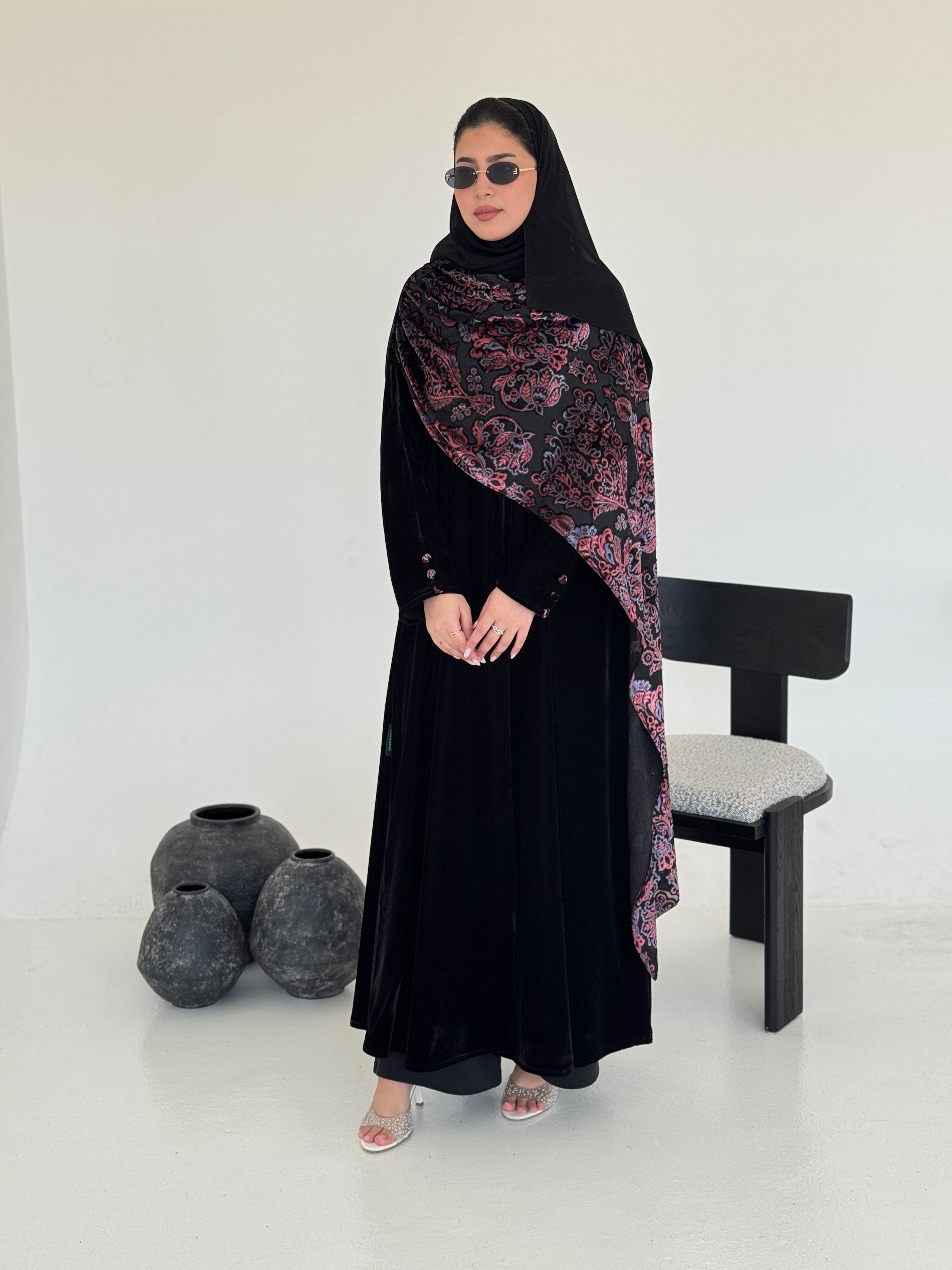 FAB229- Black Velvet Abaya with Maroon Velvet Chiffon Shawl with matching headscarf