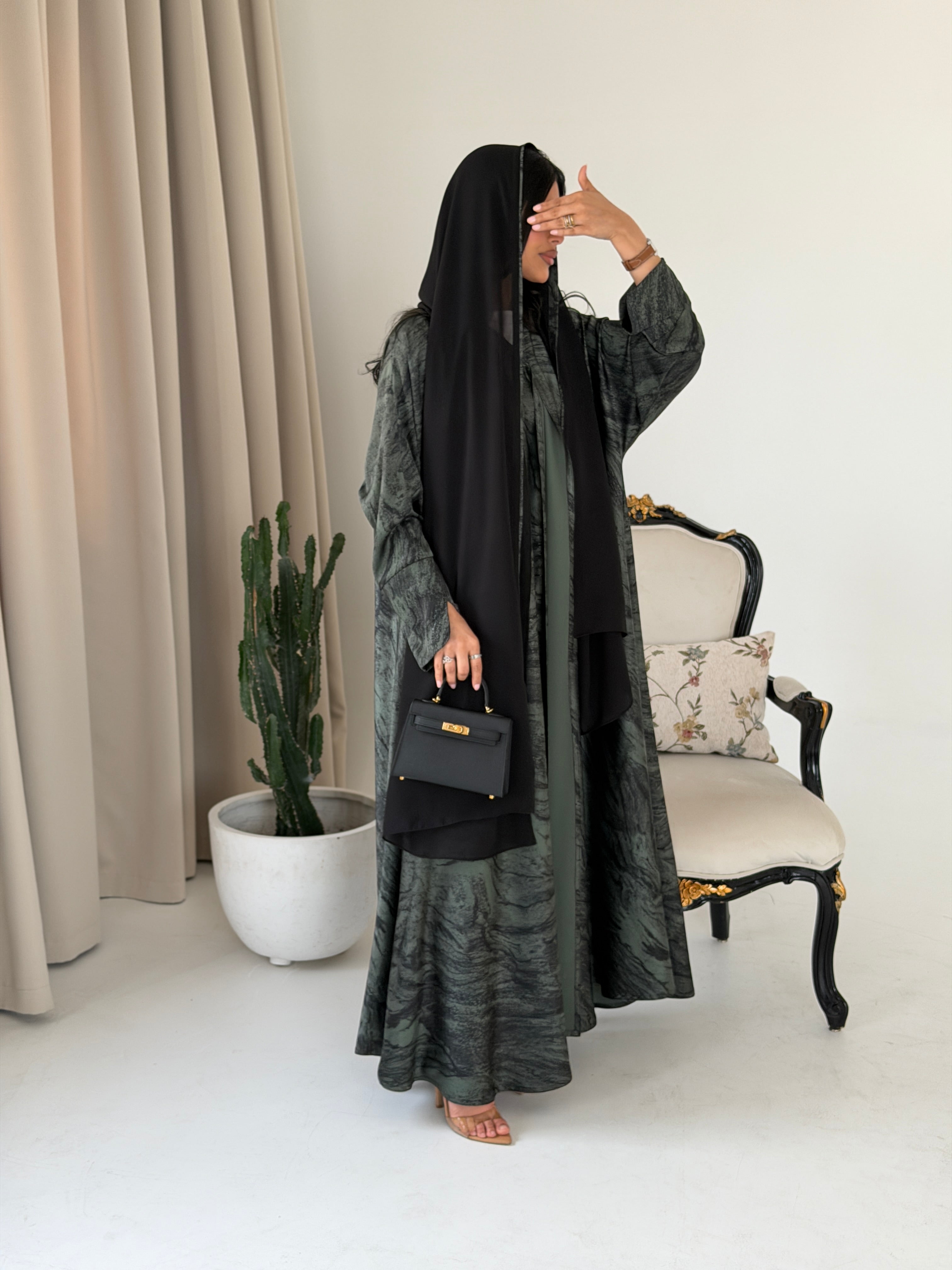 FAB288- Green Marble Print - Crepe A-Cut Abaya with pipping headscarf
