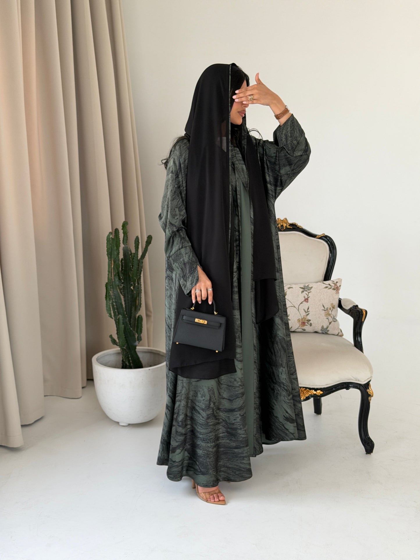 FAB288- Green Marble Print - Crepe A-Cut Abaya with pipping headscarf