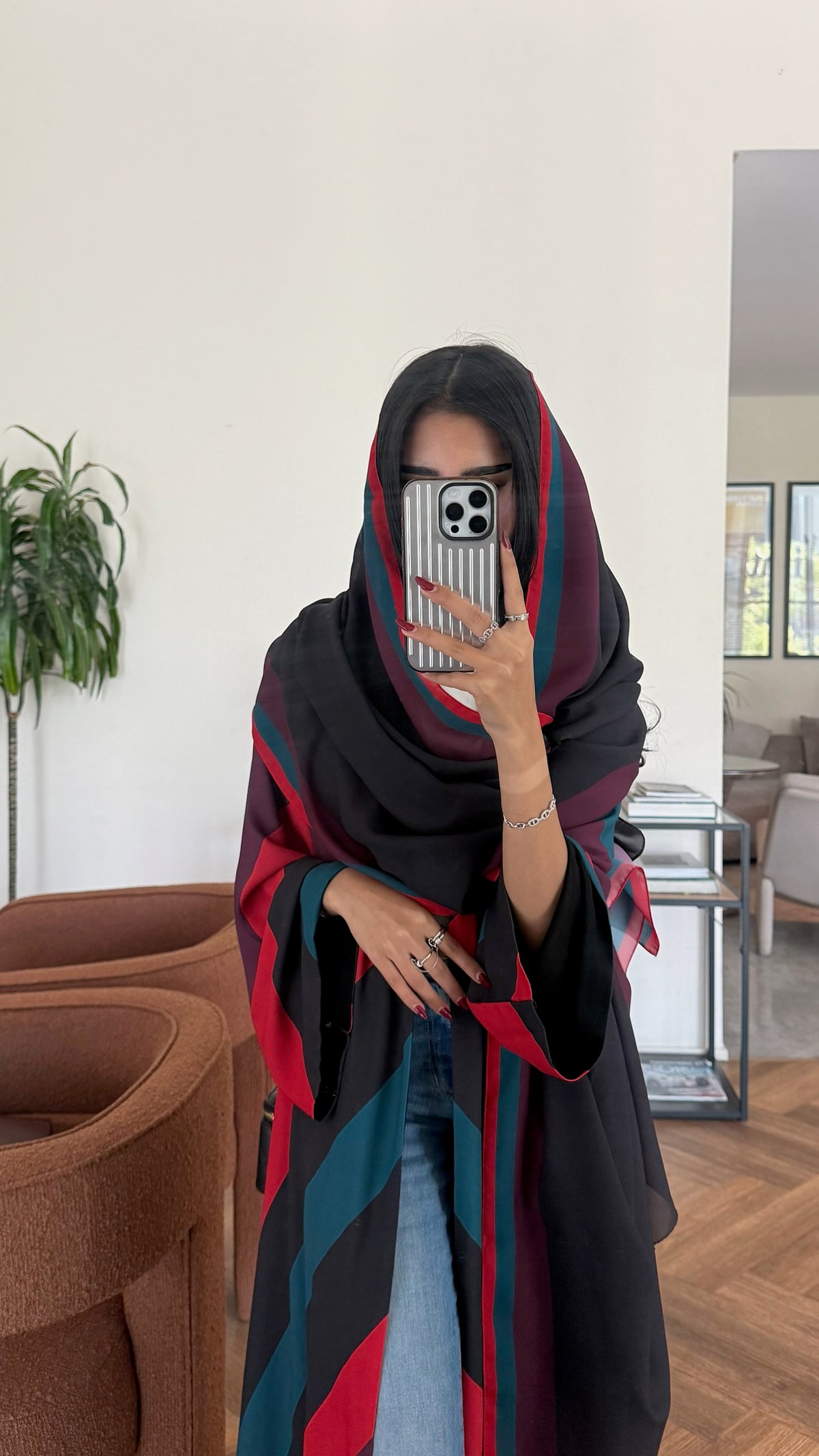 FAB327- Red blue printed rainbow straight-cut abaya with matching headscarf