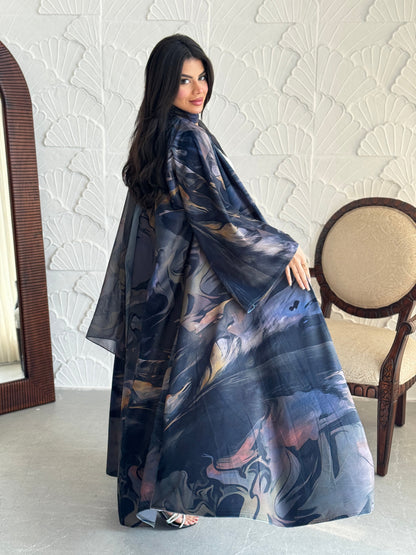 FAB241-Light Black Patterned Printed Velvet A-Cut Abaya Set