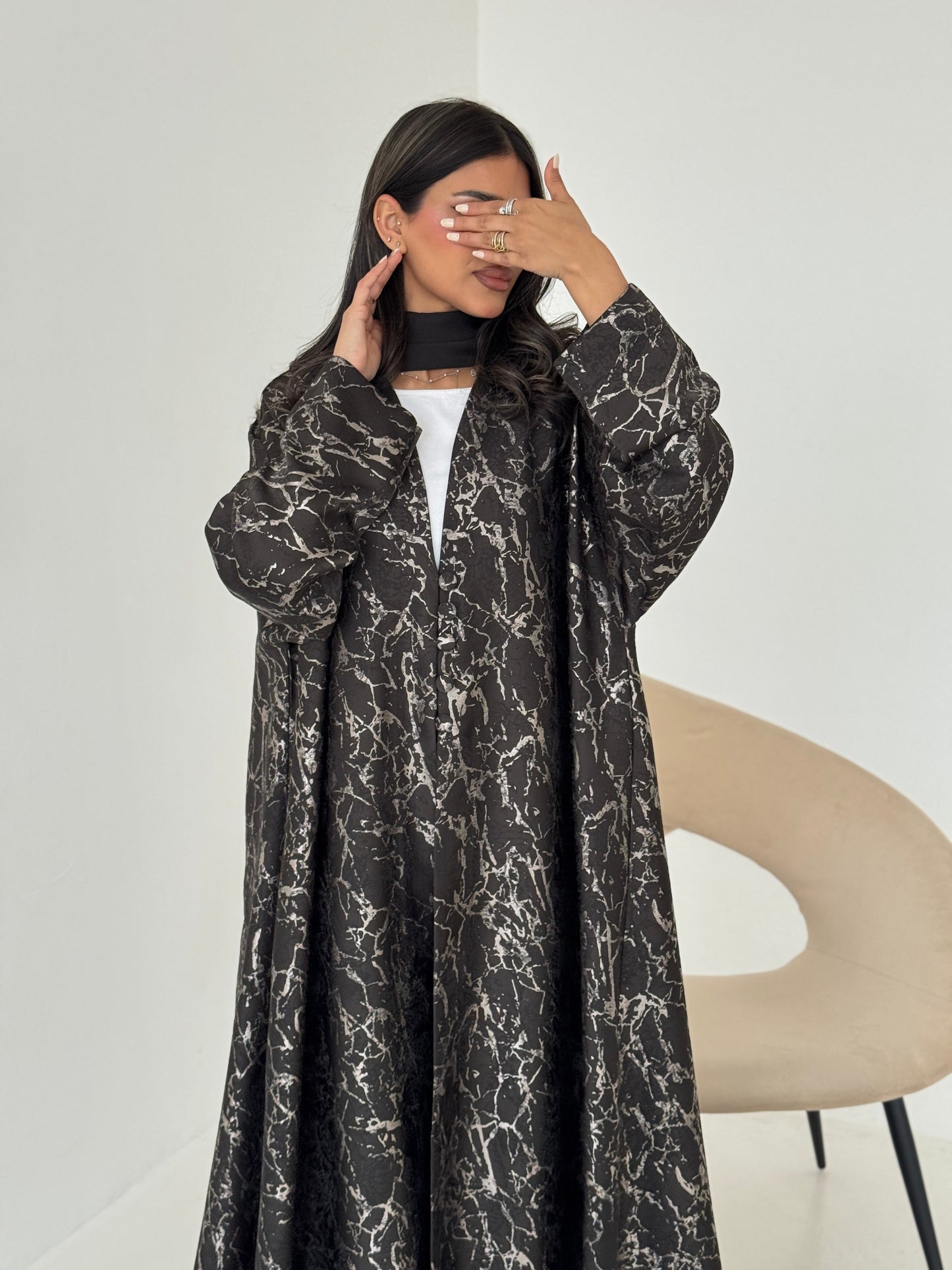 FAB208-Elegant Olive Grey Metallic Crepe Silk A-Cut Abaya with headscarf