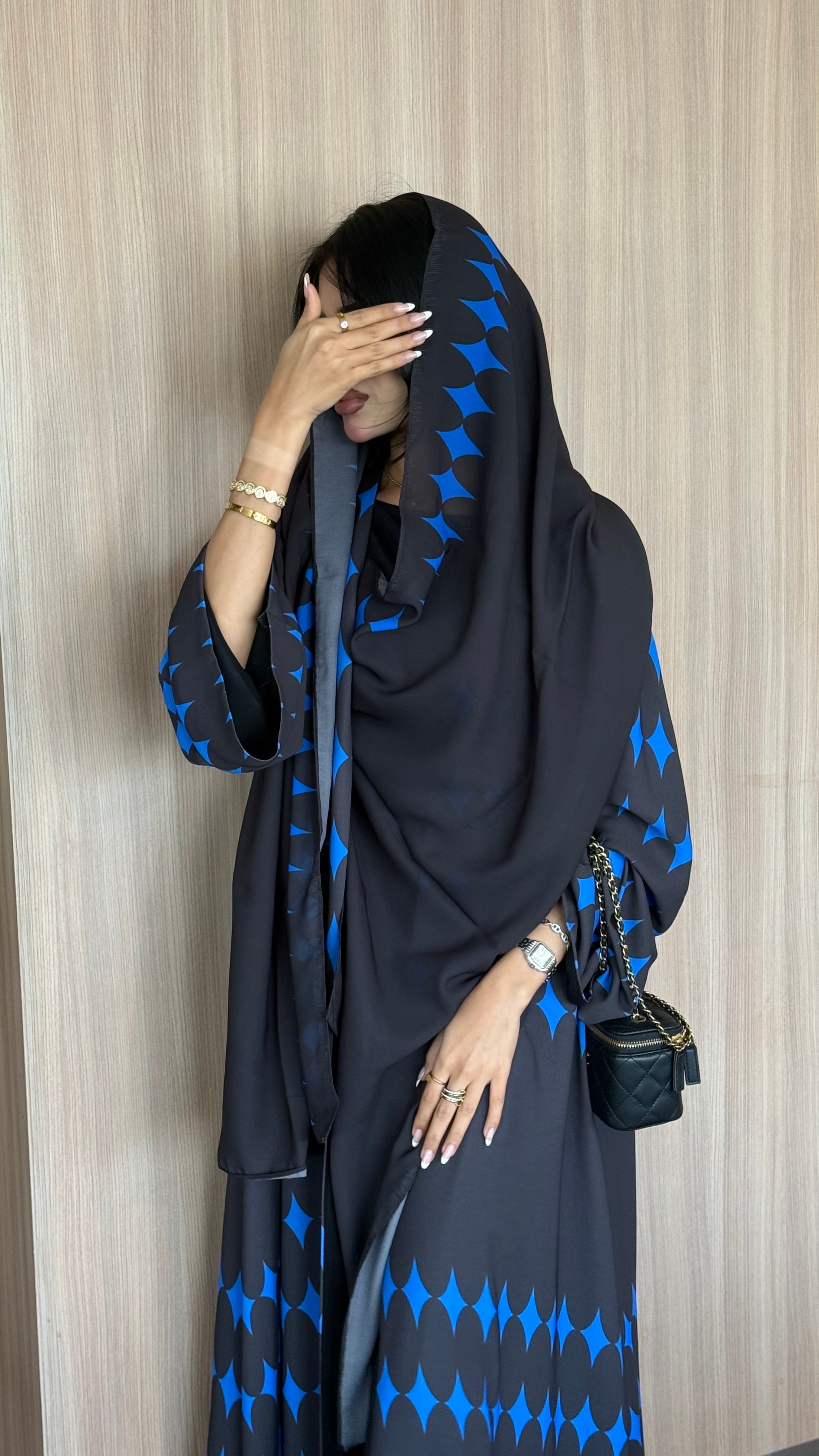 FAB336-Blue & Black Diamond Print Straight-Cut Abaya with Matching Headscarf