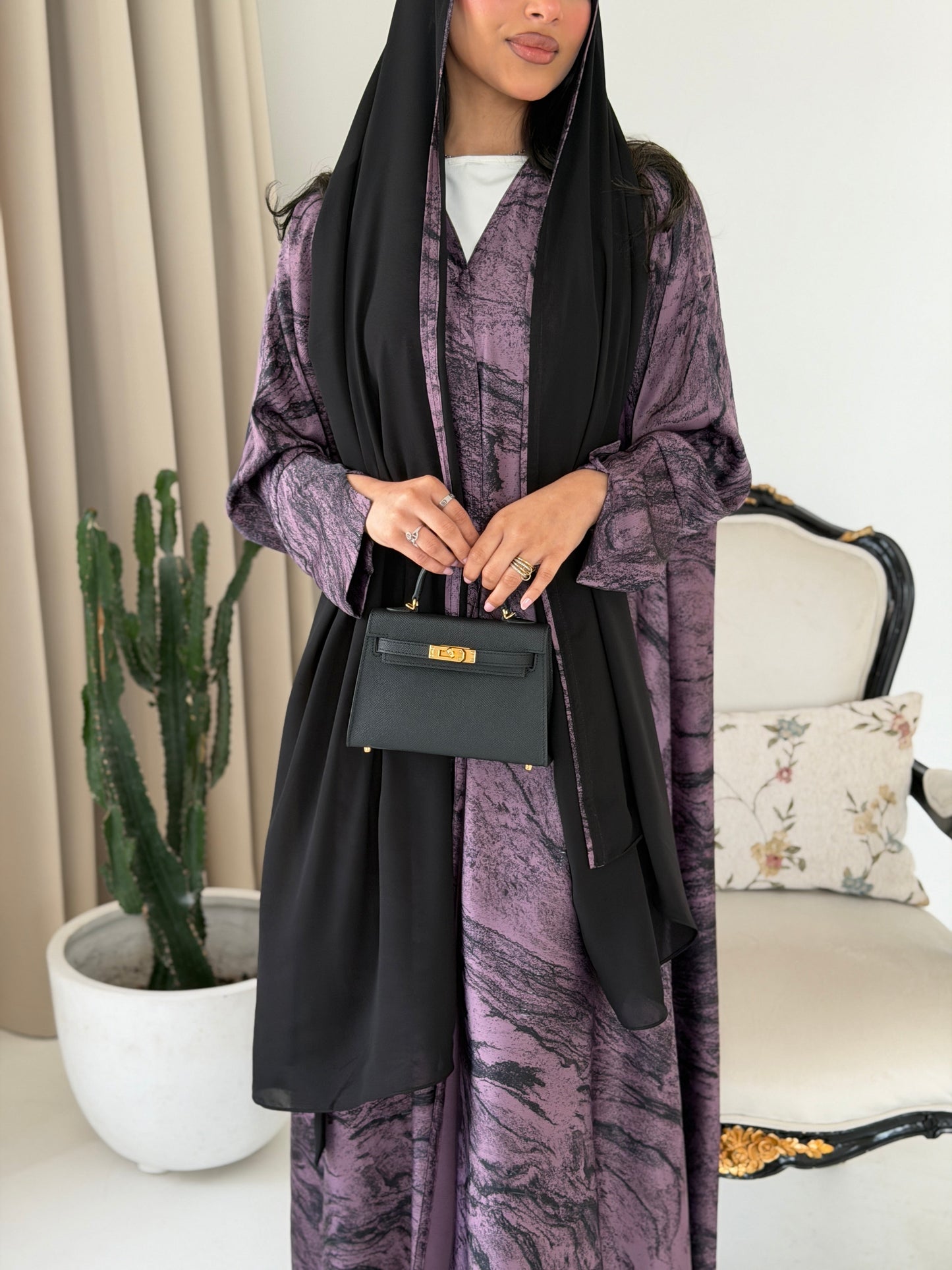 FAB287- Purple Marble Print - Crepe A-Cut Abaya with pipping headscarf