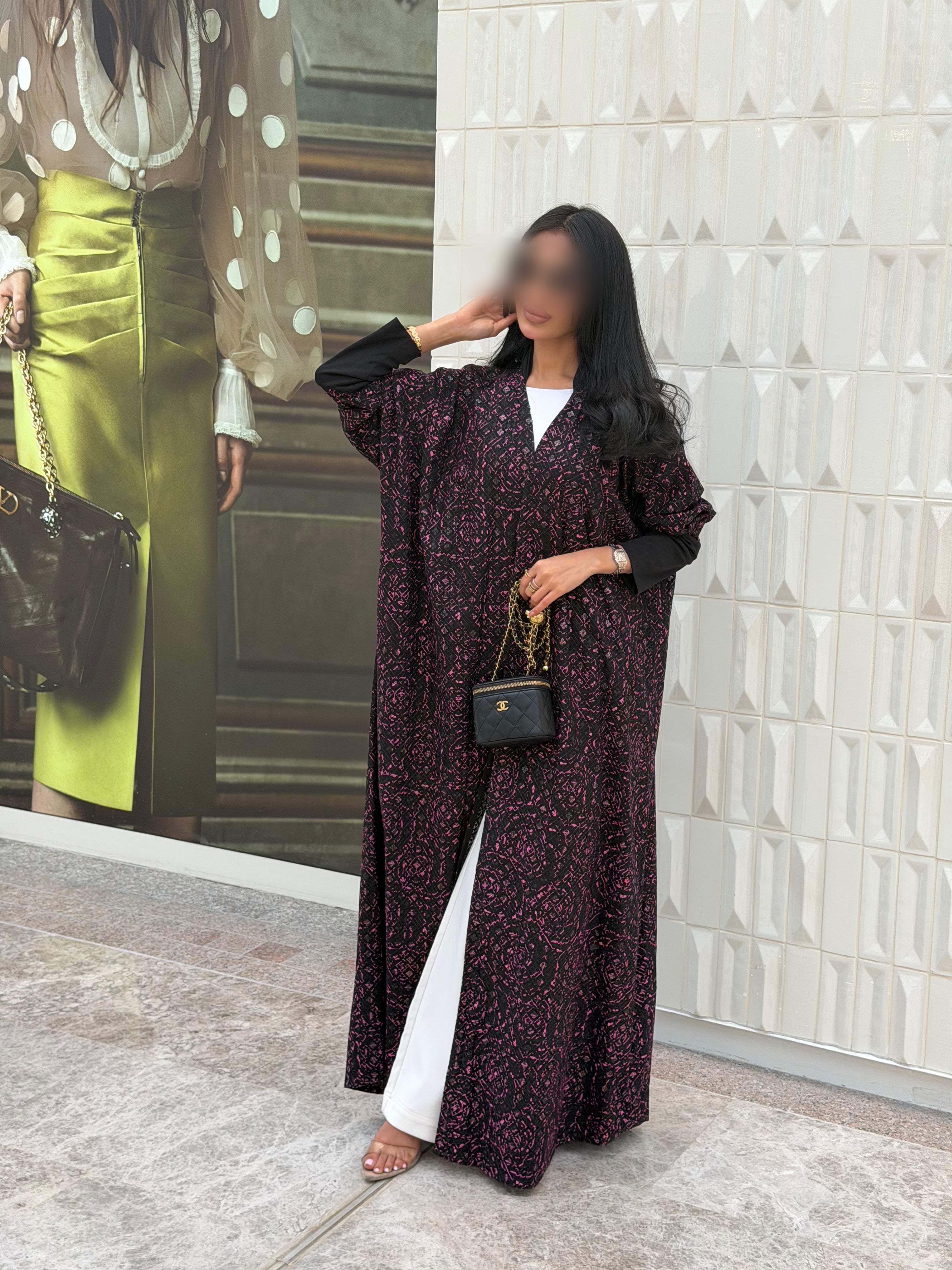 FAB339-Black Pink Embroidery Half-Bisht Cut Abaya with Fitted Black Stretch Sleeves
and matching headscarf