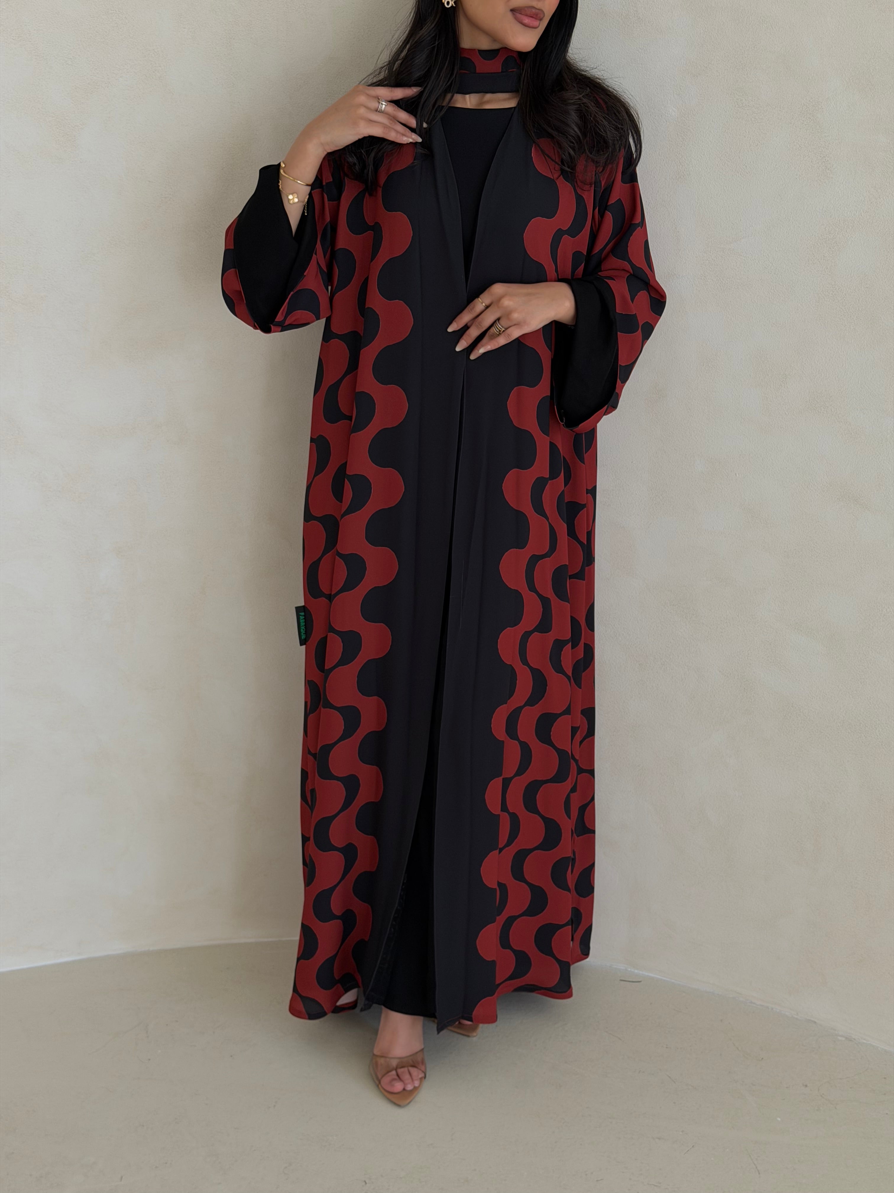FAB345- Orange Red and Black Waves Printed Straight-Cut Abaya and matching headscarf