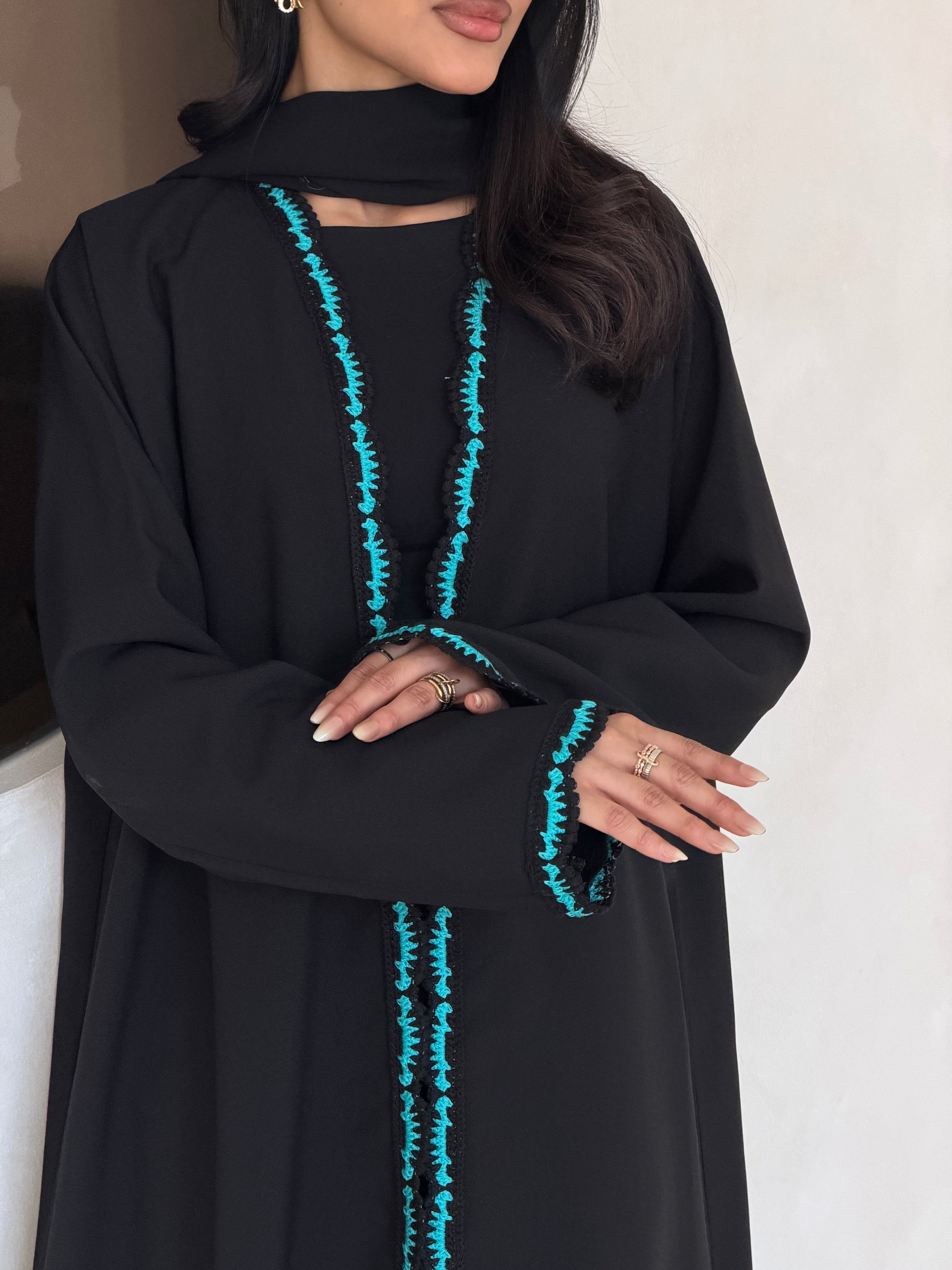 FAB347- Tiffany Crochet Black Crepe Klosh-Cut Abaya with Headscarf