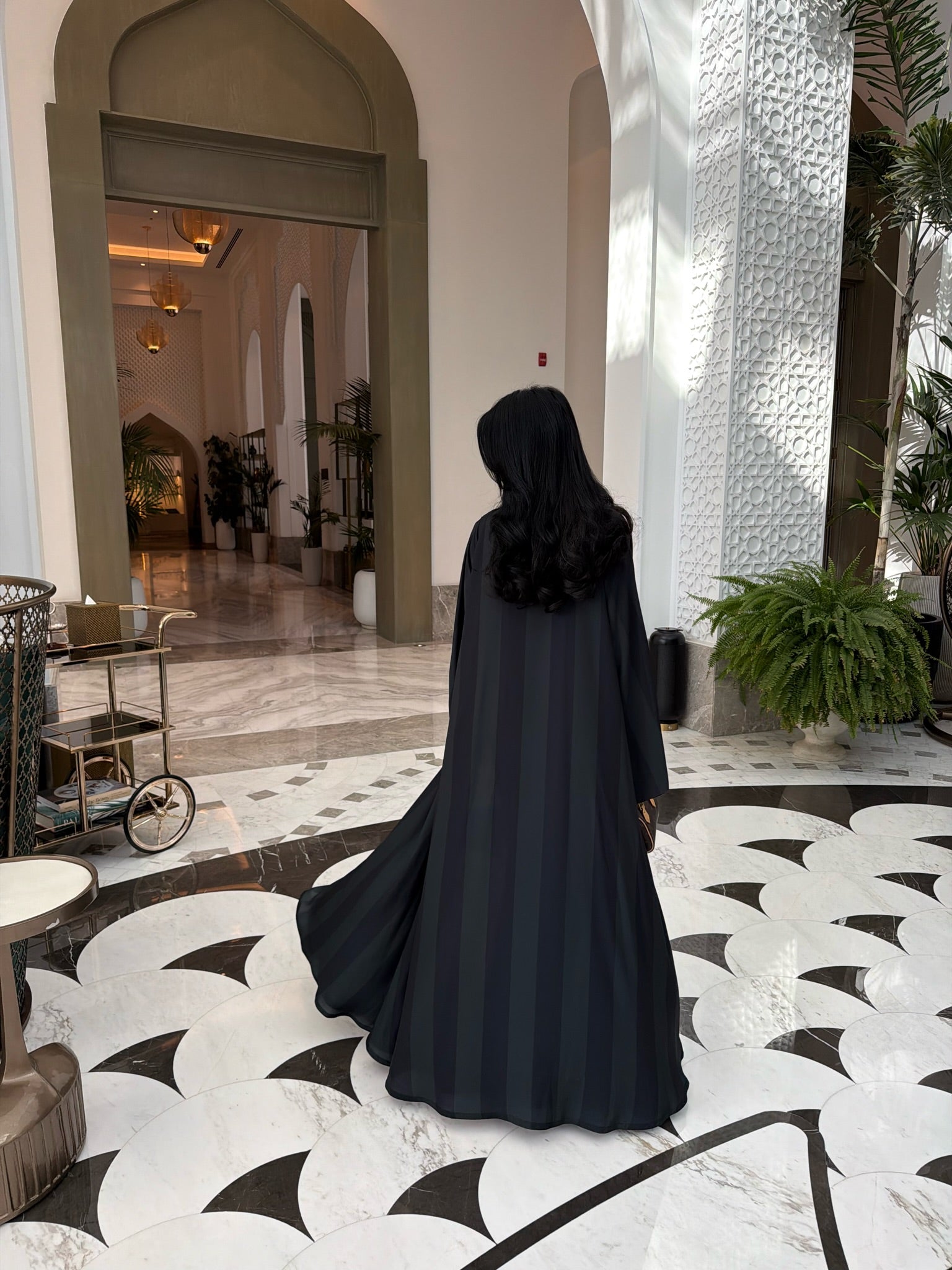 FAB331-Dark Green Basic Light Stripped Printed Klosh Abaya Set