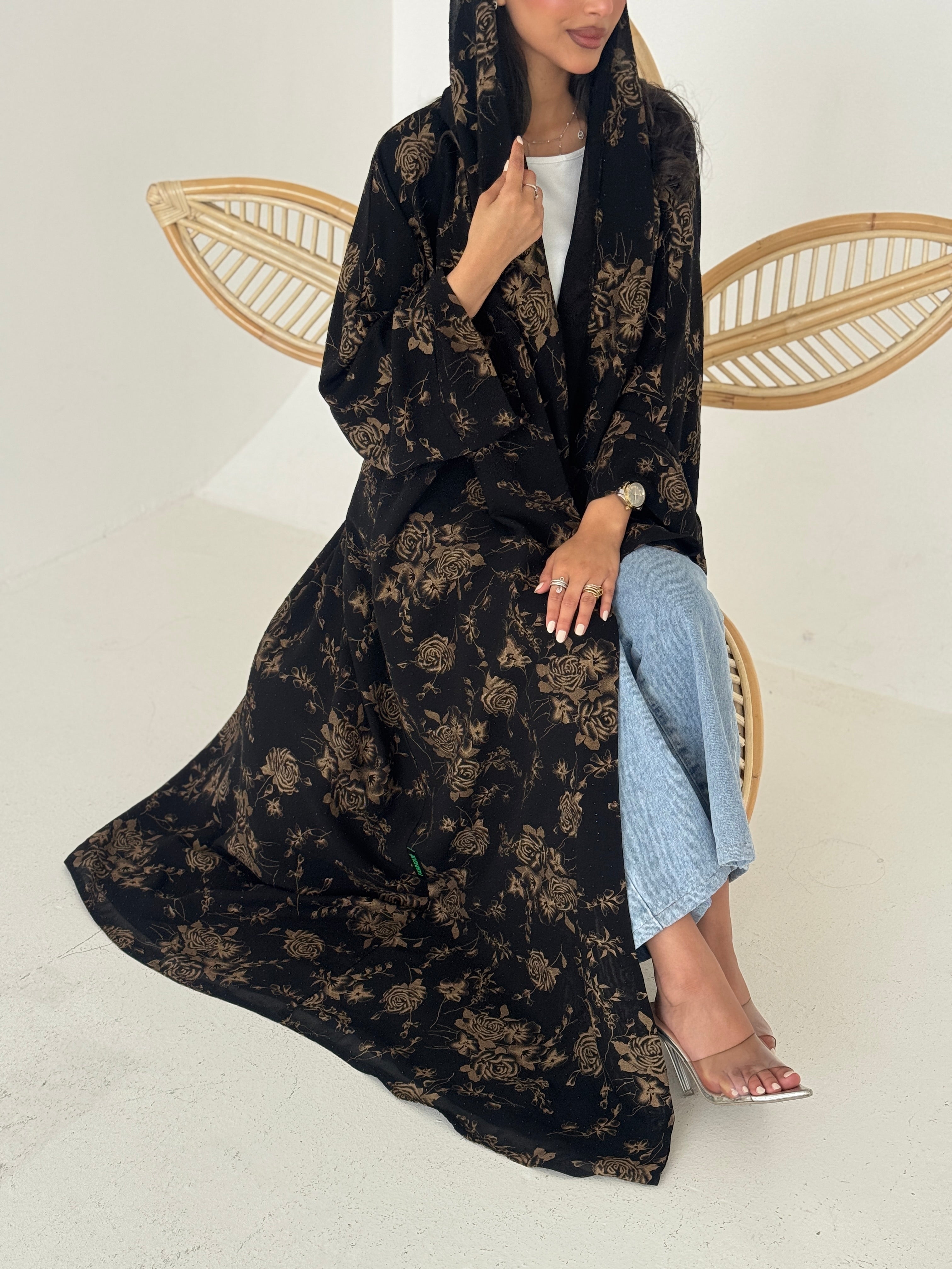 FAB204-Beige Black Chiffon Pattern Summer Abaya with headscarf