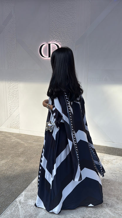 FAB303- Blue & Black Print Chiffon Silk A-Cut Abaya Set