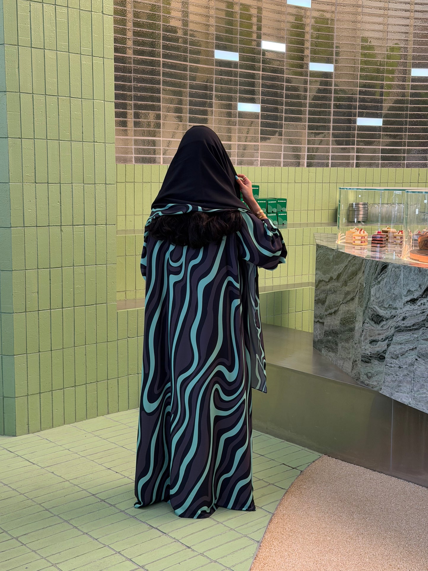 FAB323-Tiffany & Black Printed Abaya and Headscarf – Straight Cut