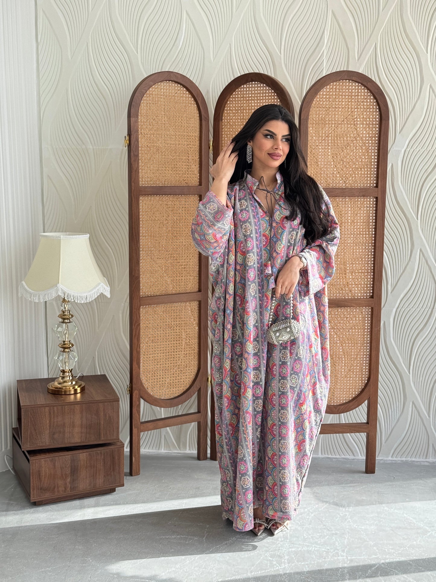 FAB280-Greyish Pink free size colorful crystals chiffon jalabiya and tie-neck detail