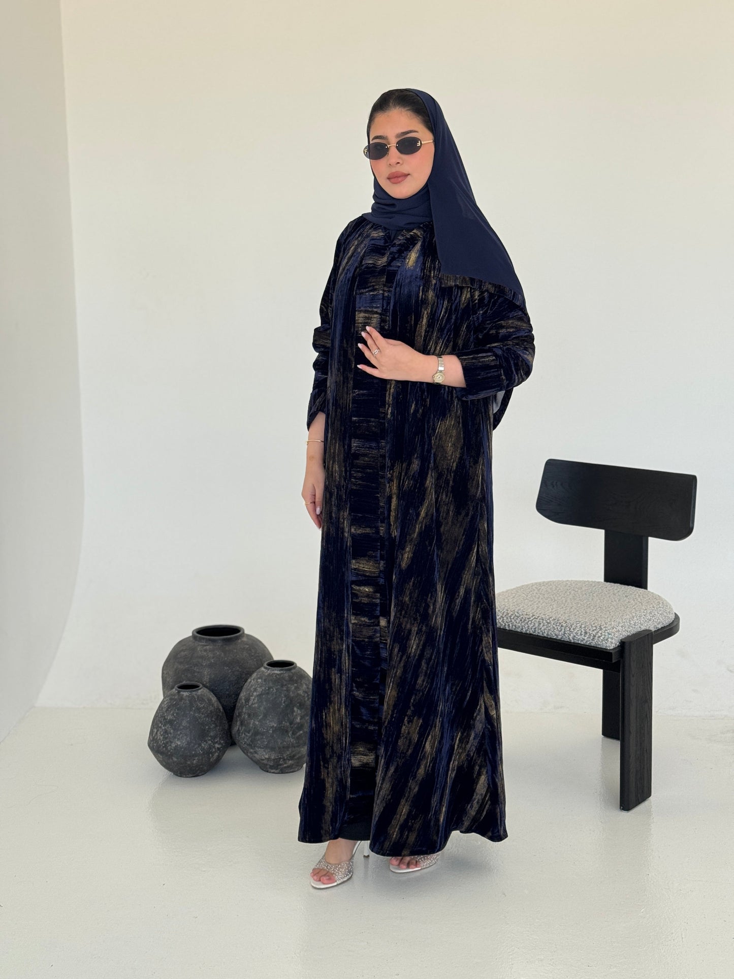 FAB235- Blue & Gold Marble Velvet A-Cut Abaya