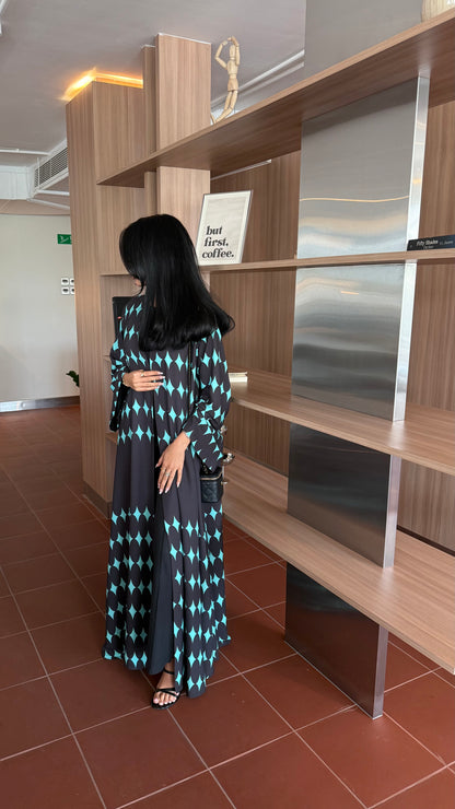FAB333-Turquoise & Black Diamond Print Straight-Cut Abaya with Matching Headscarf
