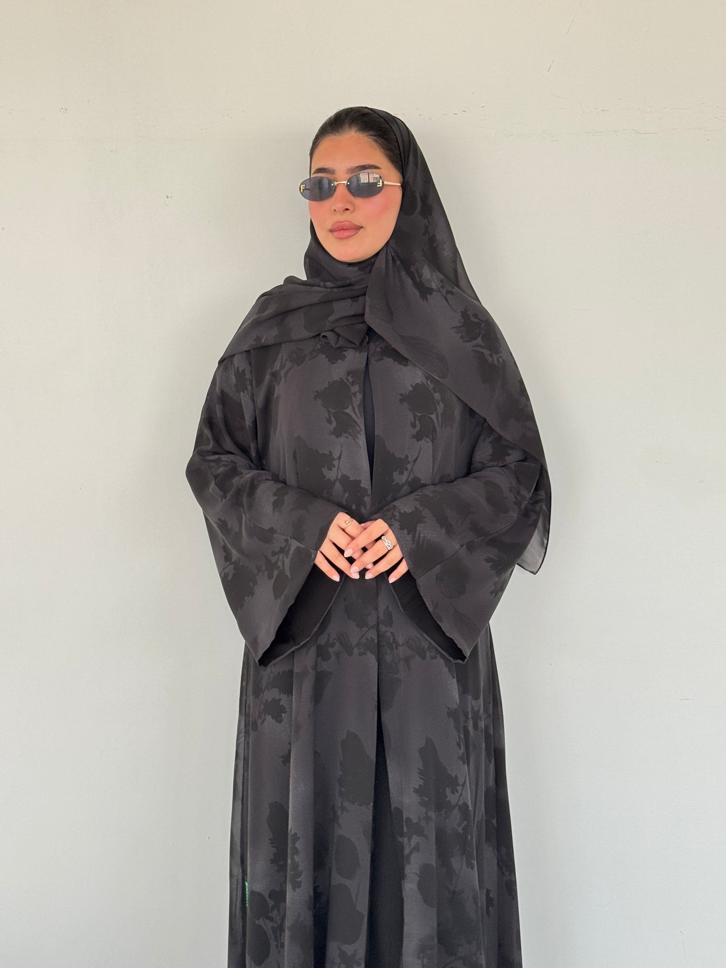 FAB214- Black Grey Printed A-Cut Shiffon Abaya Set