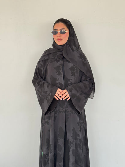 FAB214- Black Grey Printed A-Cut Shiffon Abaya Set