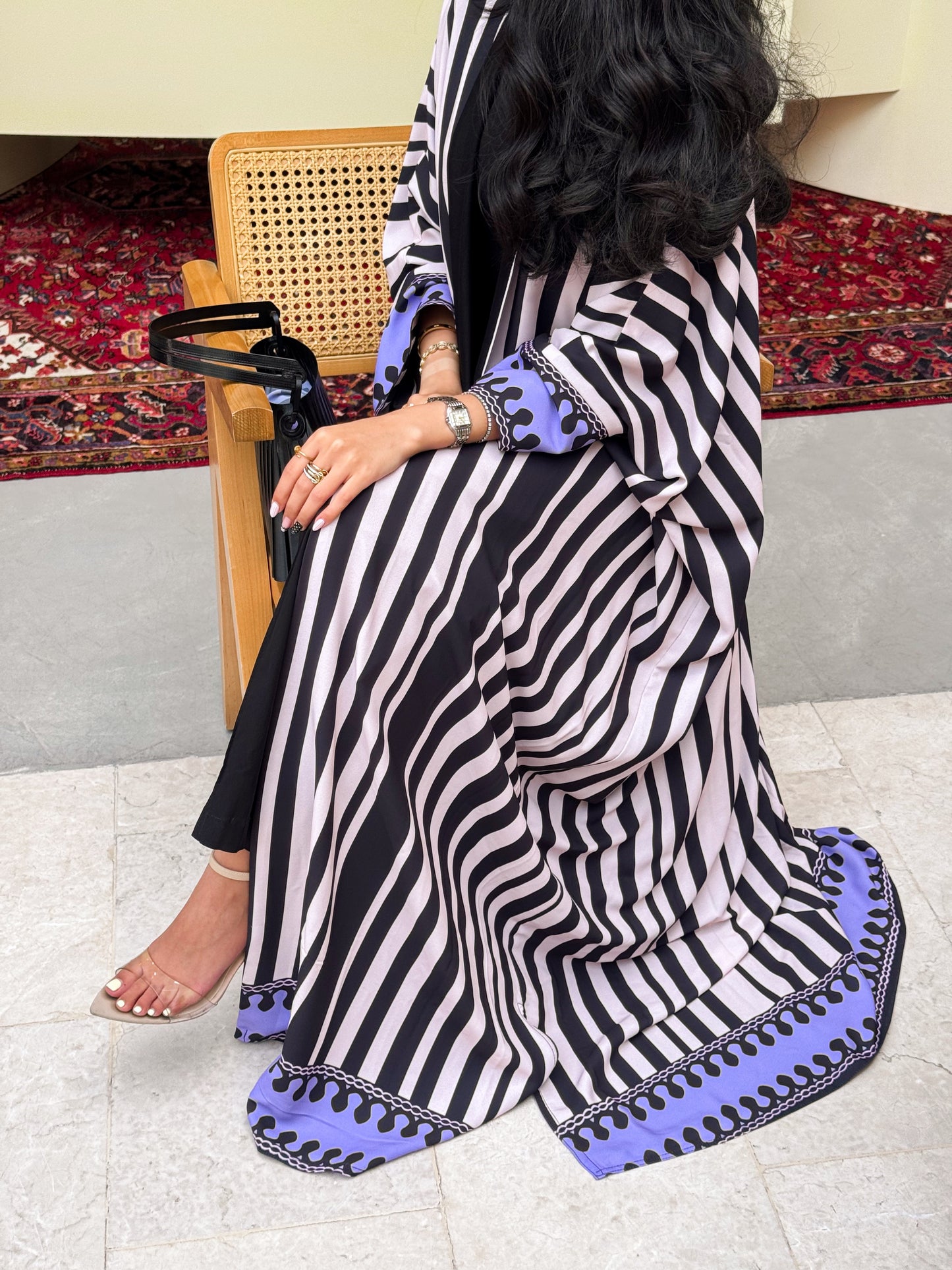 FAB321-Purple Black & Light Beige Striped Half Bisht-Cut Abaya with Neon border print
