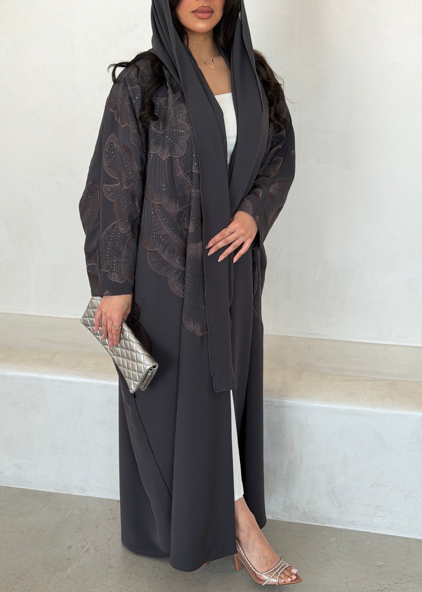 FAB296- Grey Crystal Embroidered Half Bisht Cut Crepe Abaya