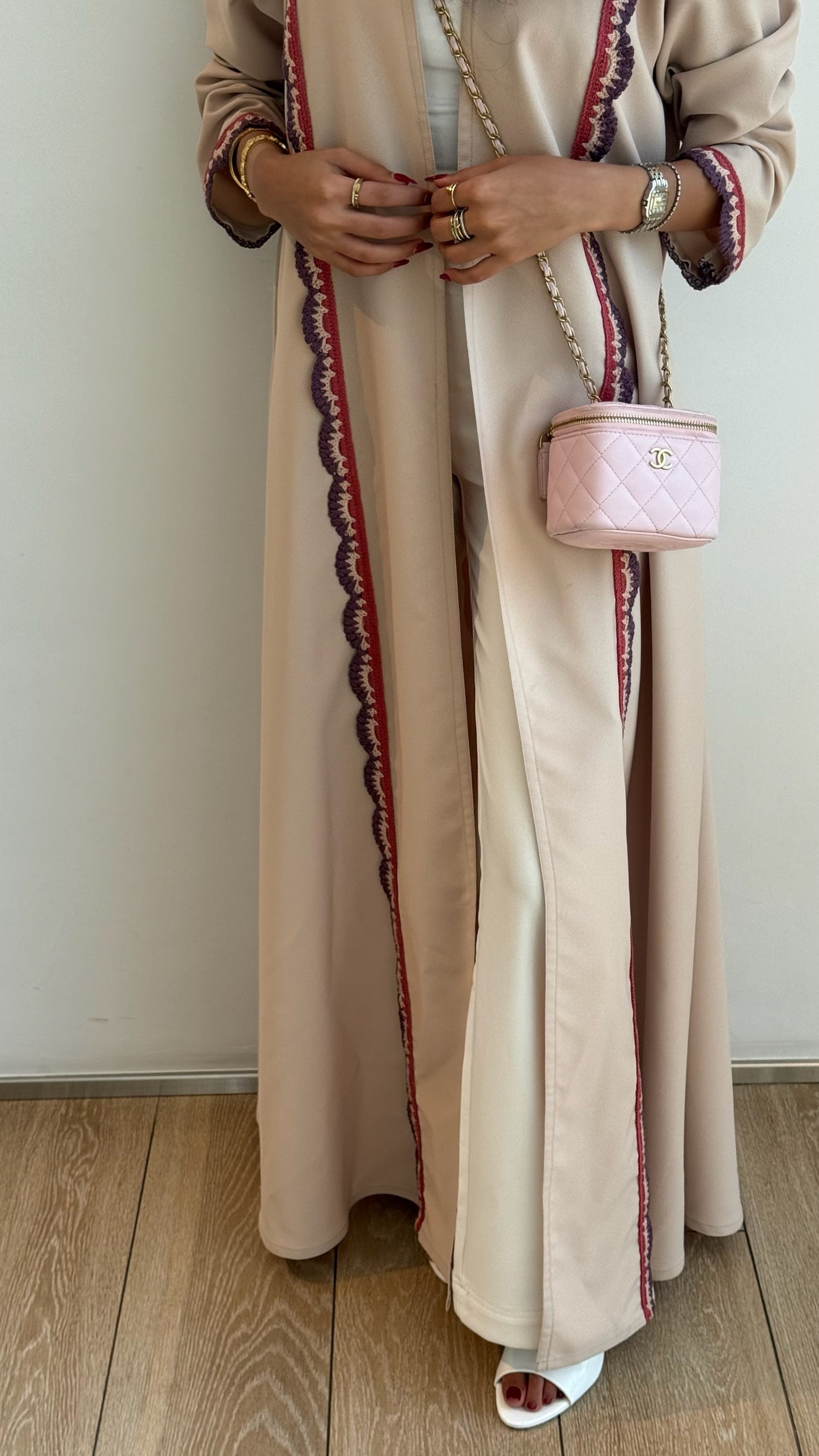 FAB325- Beige Pink Crochet Crepe A-Cut Abaya with matching headscarf