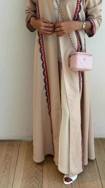 FAB325- Beige Pink Crochet Crepe A-Cut Abaya with matching headscarf