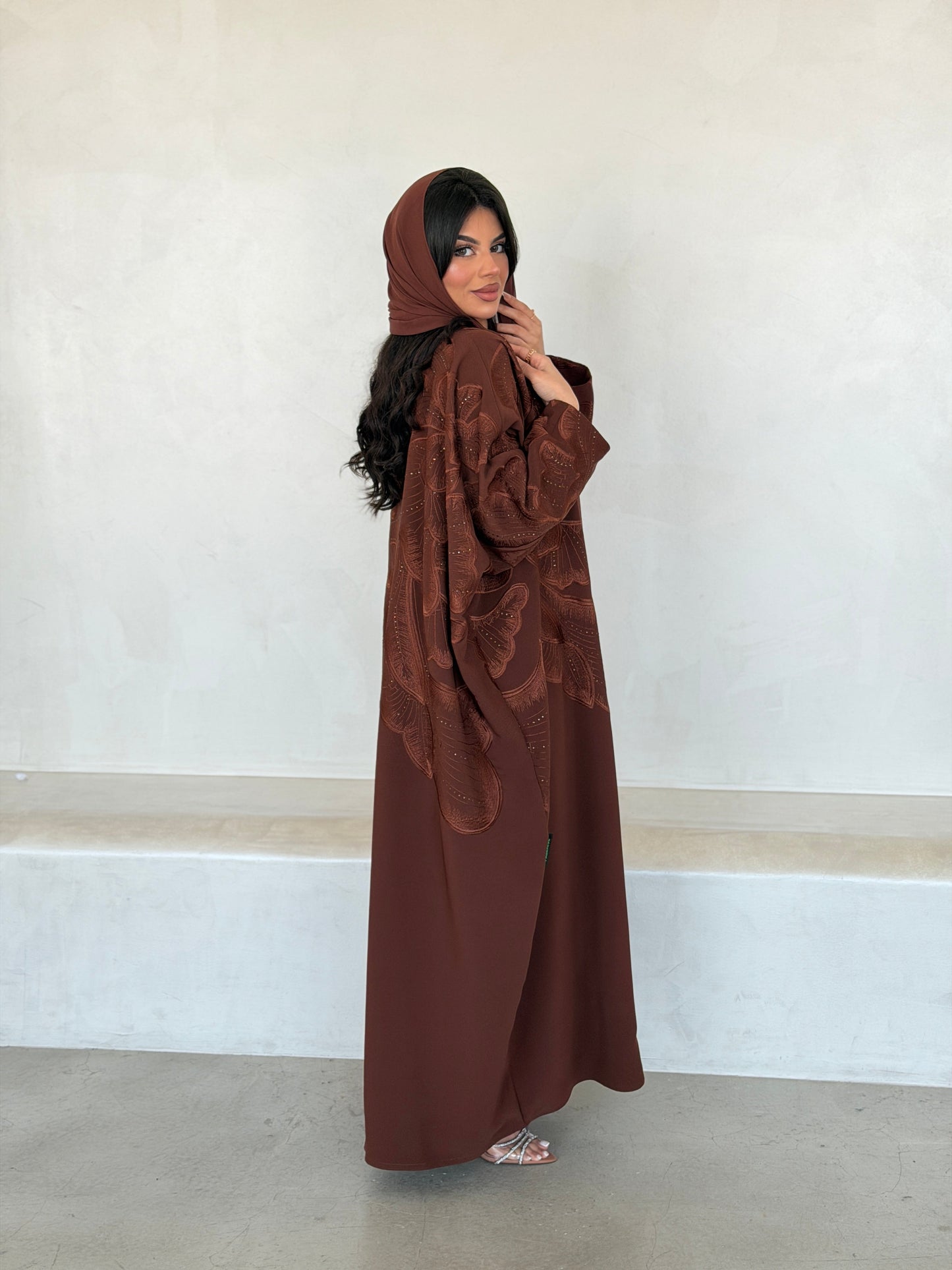 FAB295- Orange Crystal Embroidered Half Bisht Cut Crepe Abaya