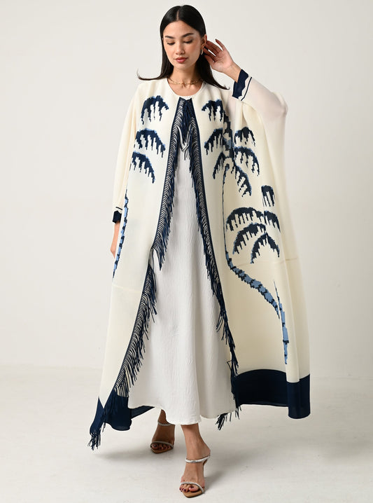 FAB116-White Palm-fringed pleats abaya with headscarf