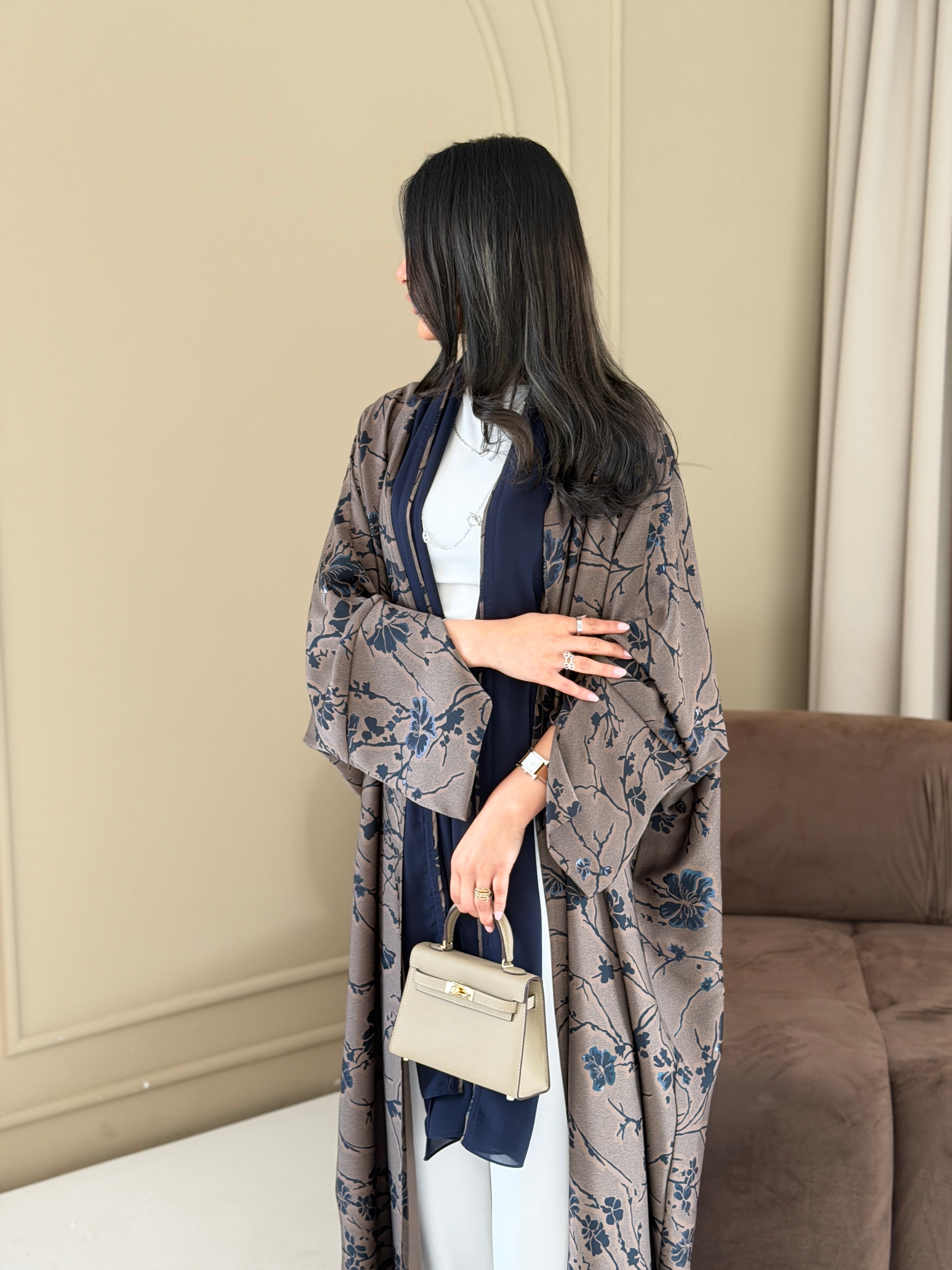 FAB283-Brown Floral Print Half Bisbt Abaya with pipping headscarf