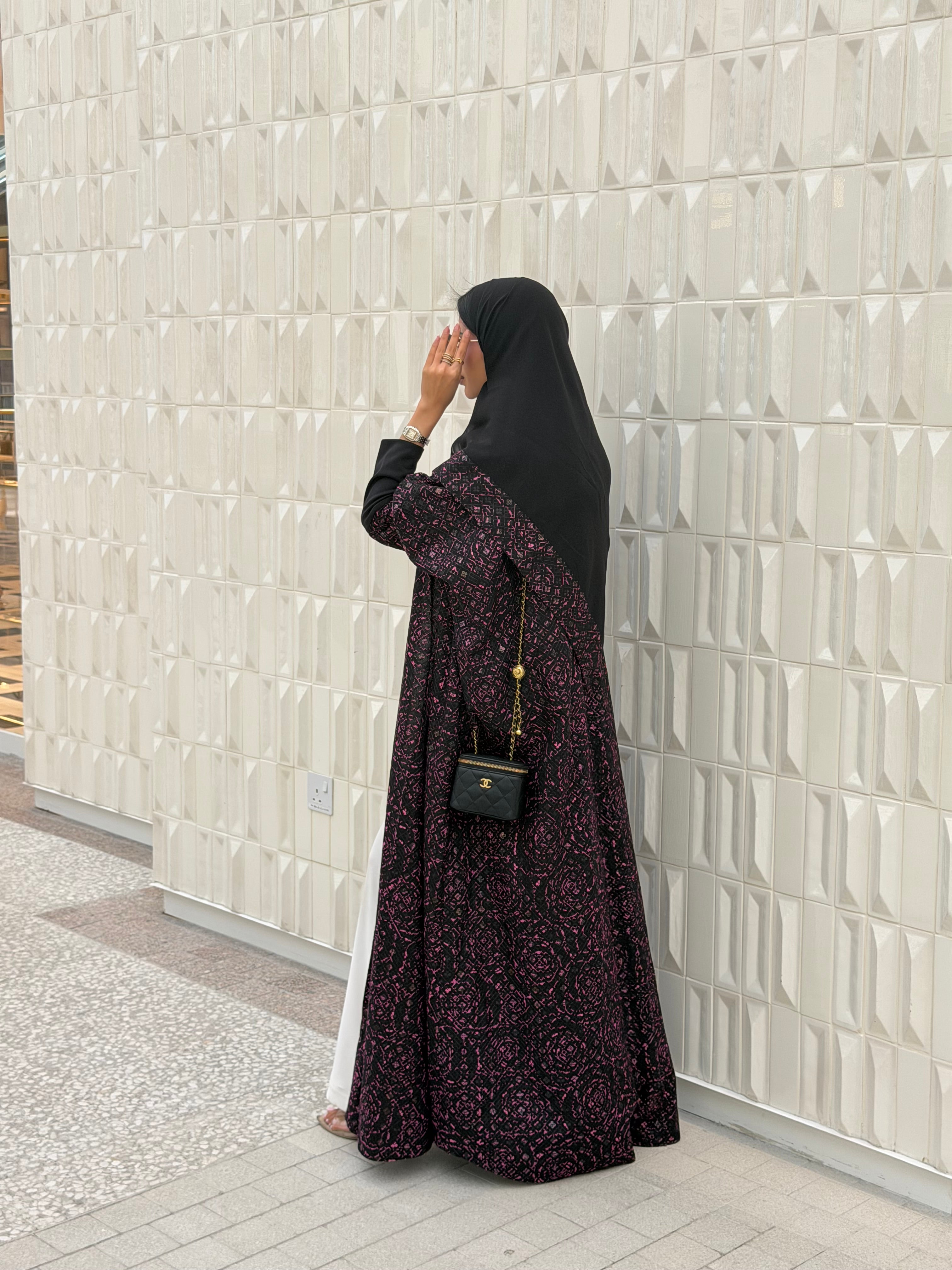 FAB339-Black Pink Embroidery Half-Bisht Cut Abaya with Fitted Black Stretch Sleeves
and matching headscarf