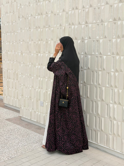FAB339-Black Pink Embroidery Half-Bisht Cut Abaya with Fitted Black Stretch Sleeves
and matching headscarf