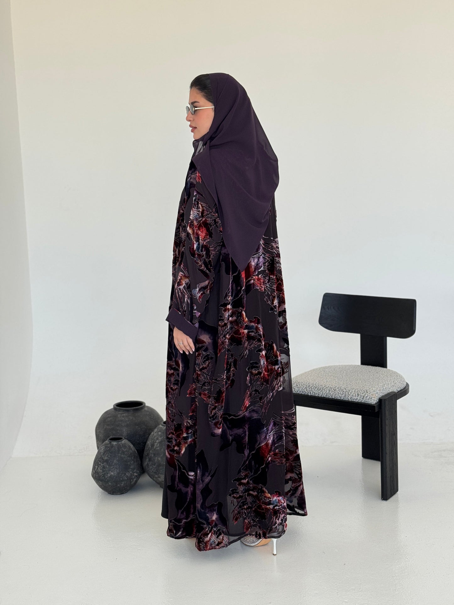 FAB231- Dark Purple Chiffon with Velvet Print Abaya with headscarf