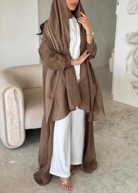 FAB170- Camel Linen Glitter A-Cut Abaya Set