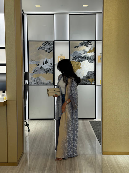 FAB322- Ghazal A-Cut Printed Abaya Set in Grey and Yellow color