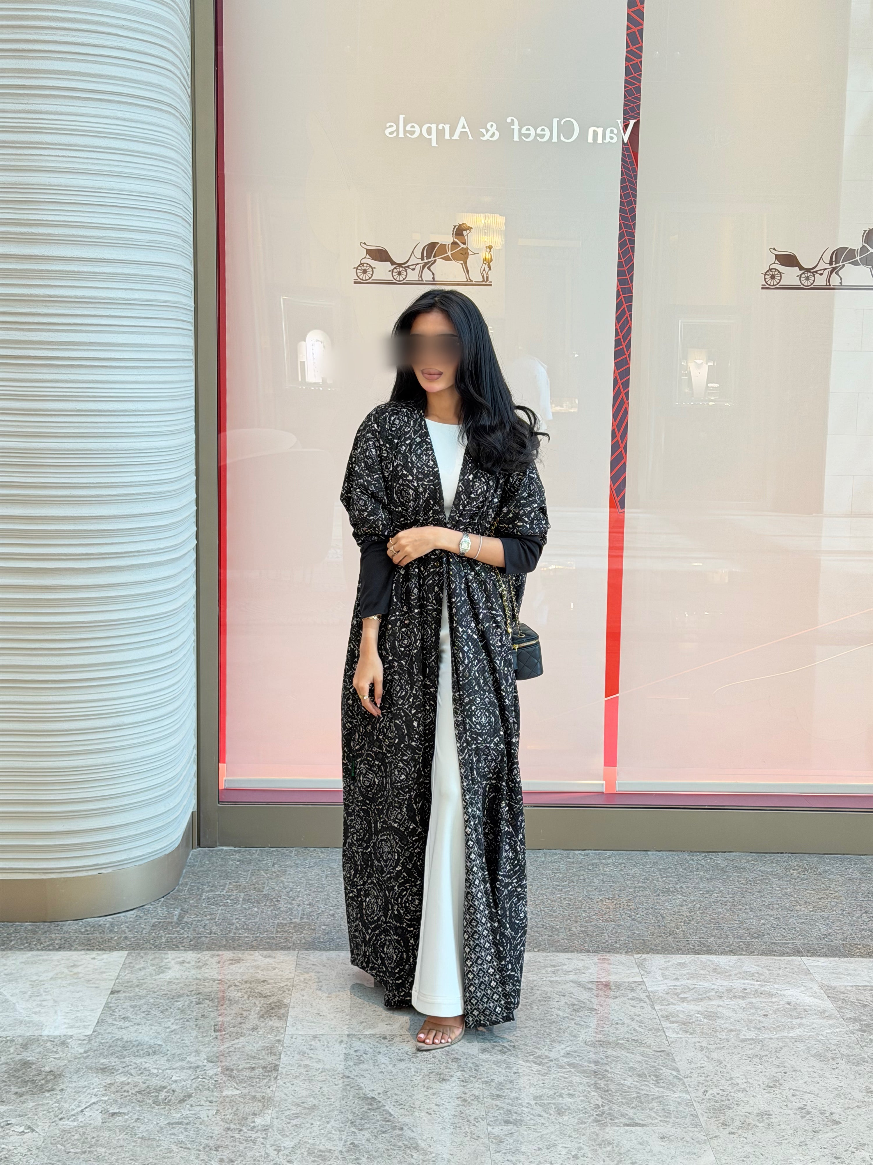 FAB340-Black White Embroidery Half-Bisht Cut Abaya with Fitted Black Stretch Sleeves and matching headscarf