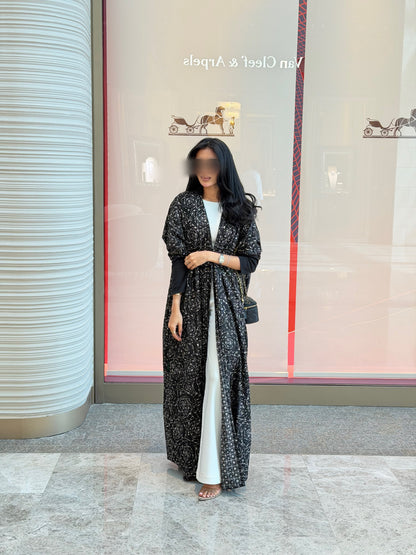 FAB340-Black White Embroidery Half-Bisht Cut Abaya with Fitted Black Stretch Sleeves and matching headscarf
