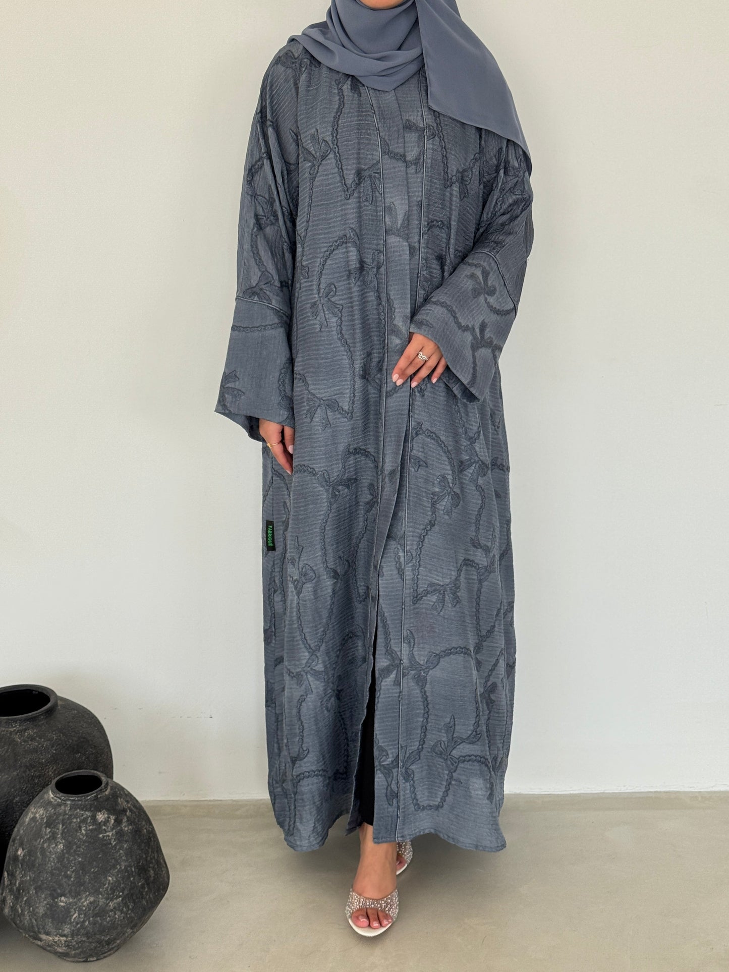 FAB218- Blue Ribbon Embroidery Linen Abaya with headscarf