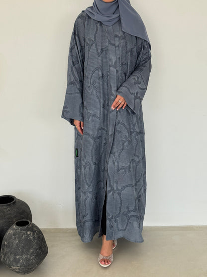 FAB218- Blue Ribbon Embroidery Linen Abaya with headscarf