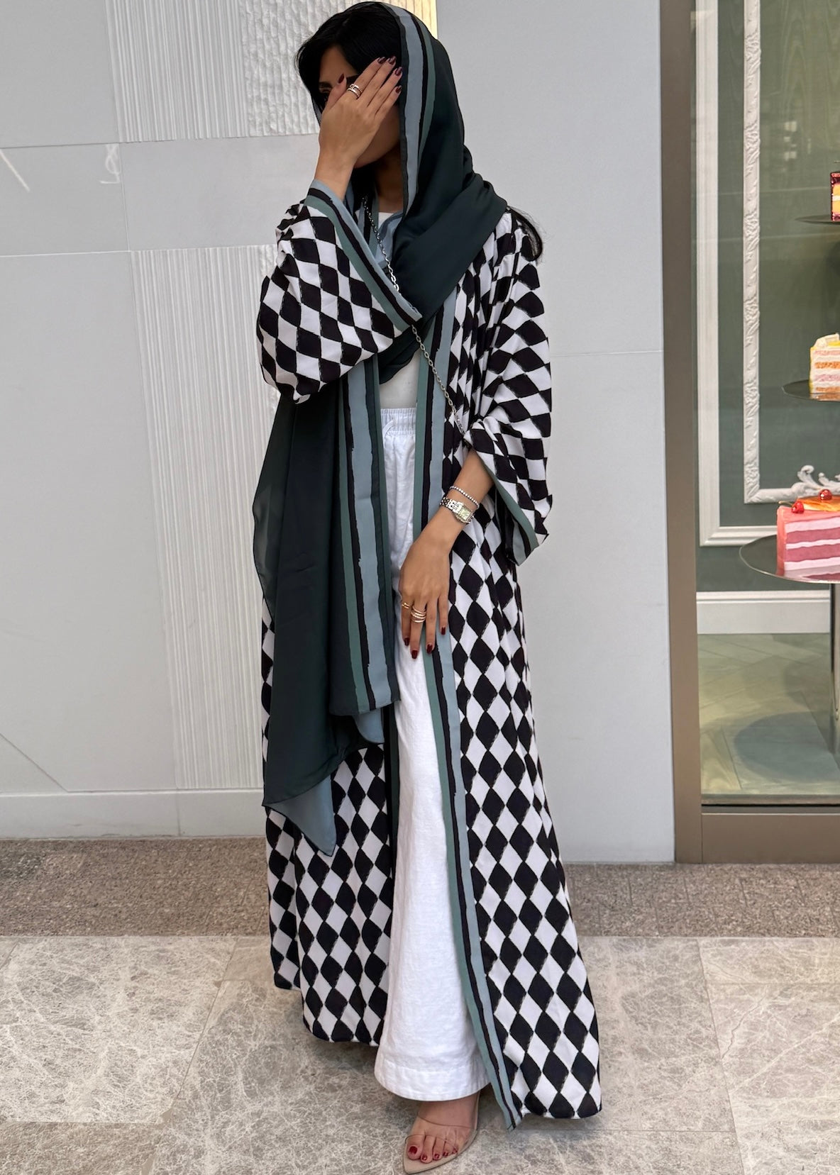 FAB305- Green & Black Checkered Print A-Cut Chiffon Silk Abaya