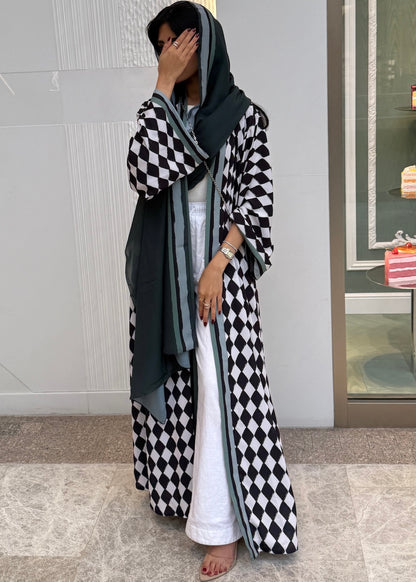 FAB305- Green & Black Checkered Print A-Cut Chiffon Silk Abaya