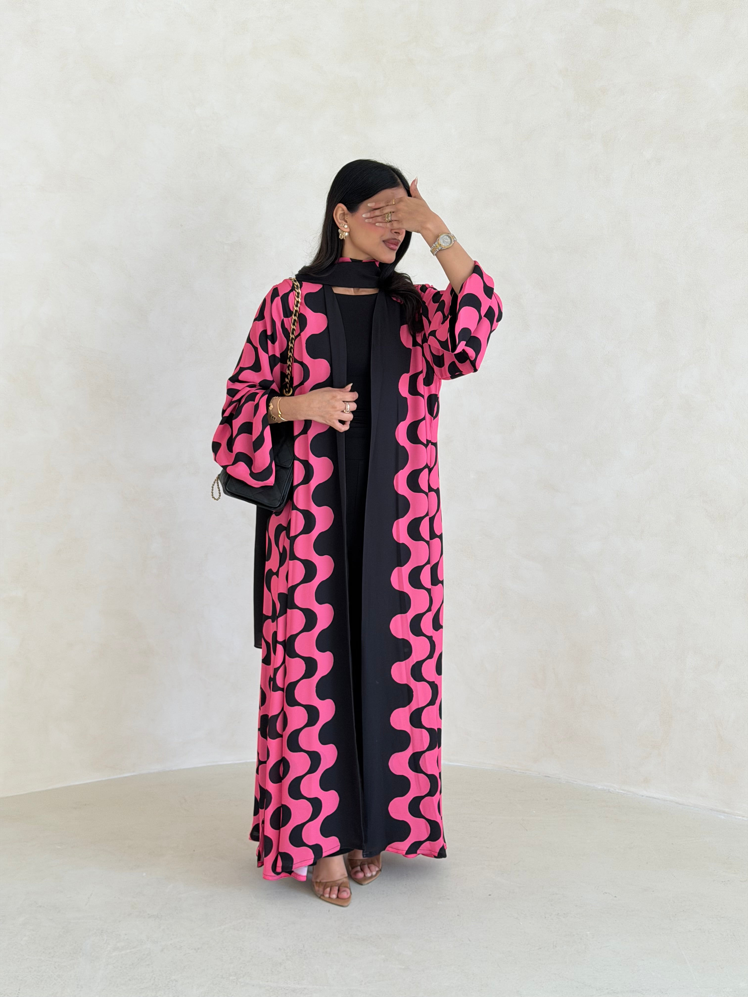 FAB342-Barbie Pink and Black Waves Printed Straight-Cut Abaya and matching headscarf