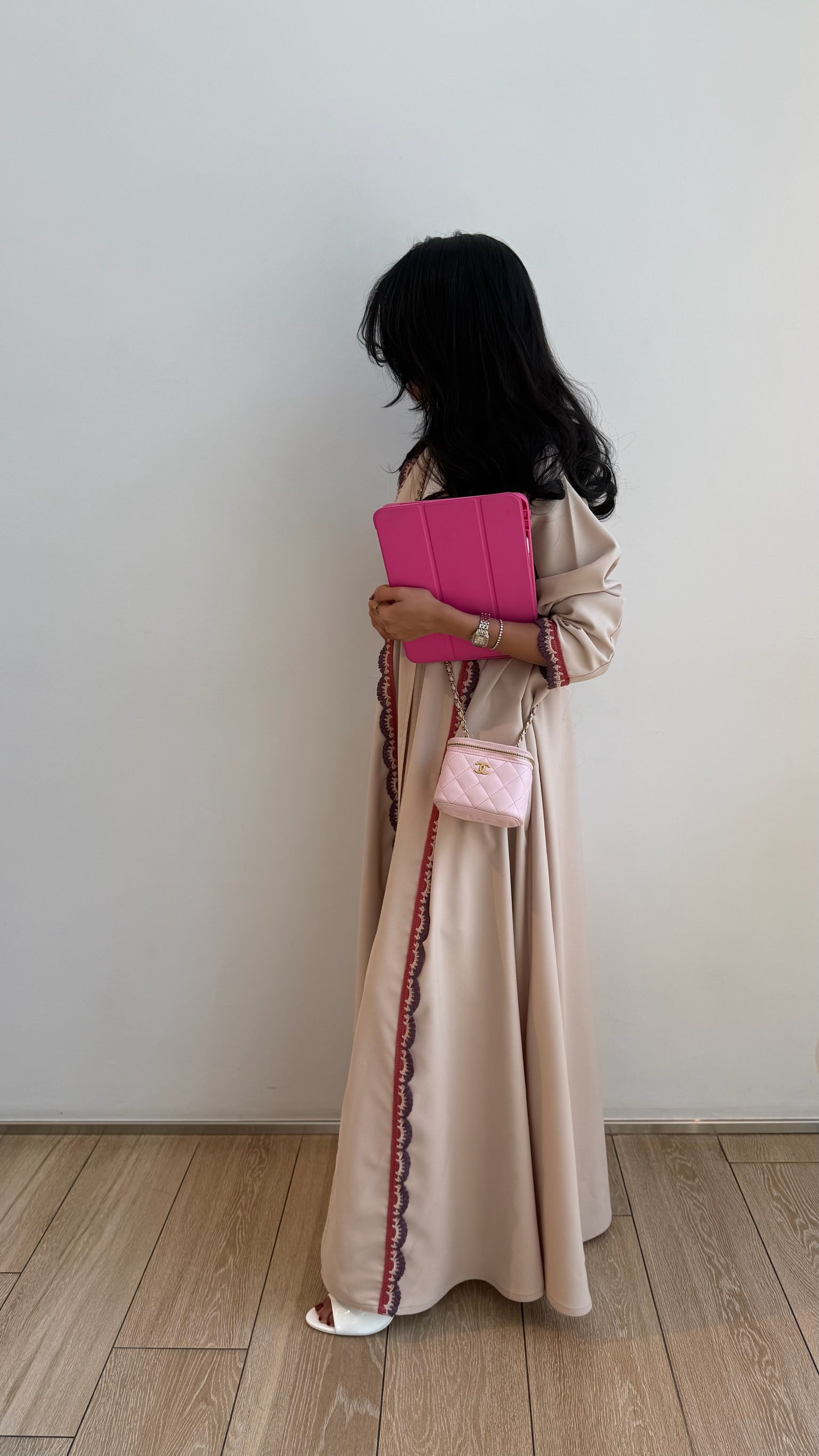 FAB325- Beige Pink Crochet Crepe A-Cut Abaya with matching headscarf