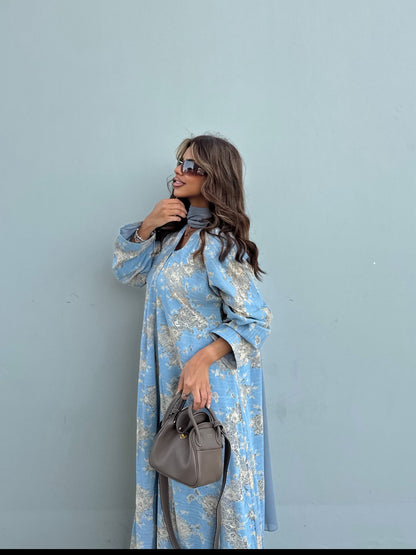 FAB300- Yellow and Blue Lace and Linen Summer A-Cut Abaya