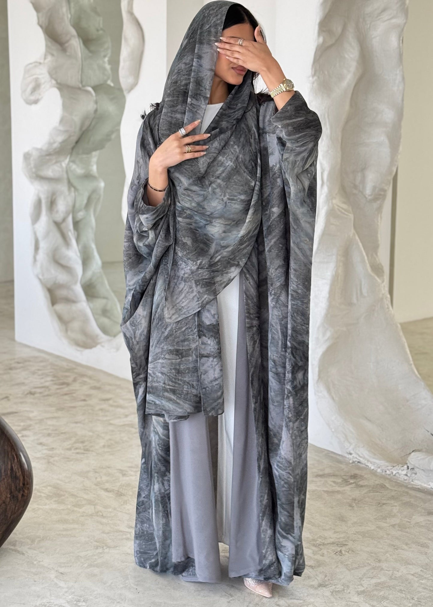 FAB175-Grey Shimmer Chiffon Bisht- Cut Summer Abaya with matching headscarf