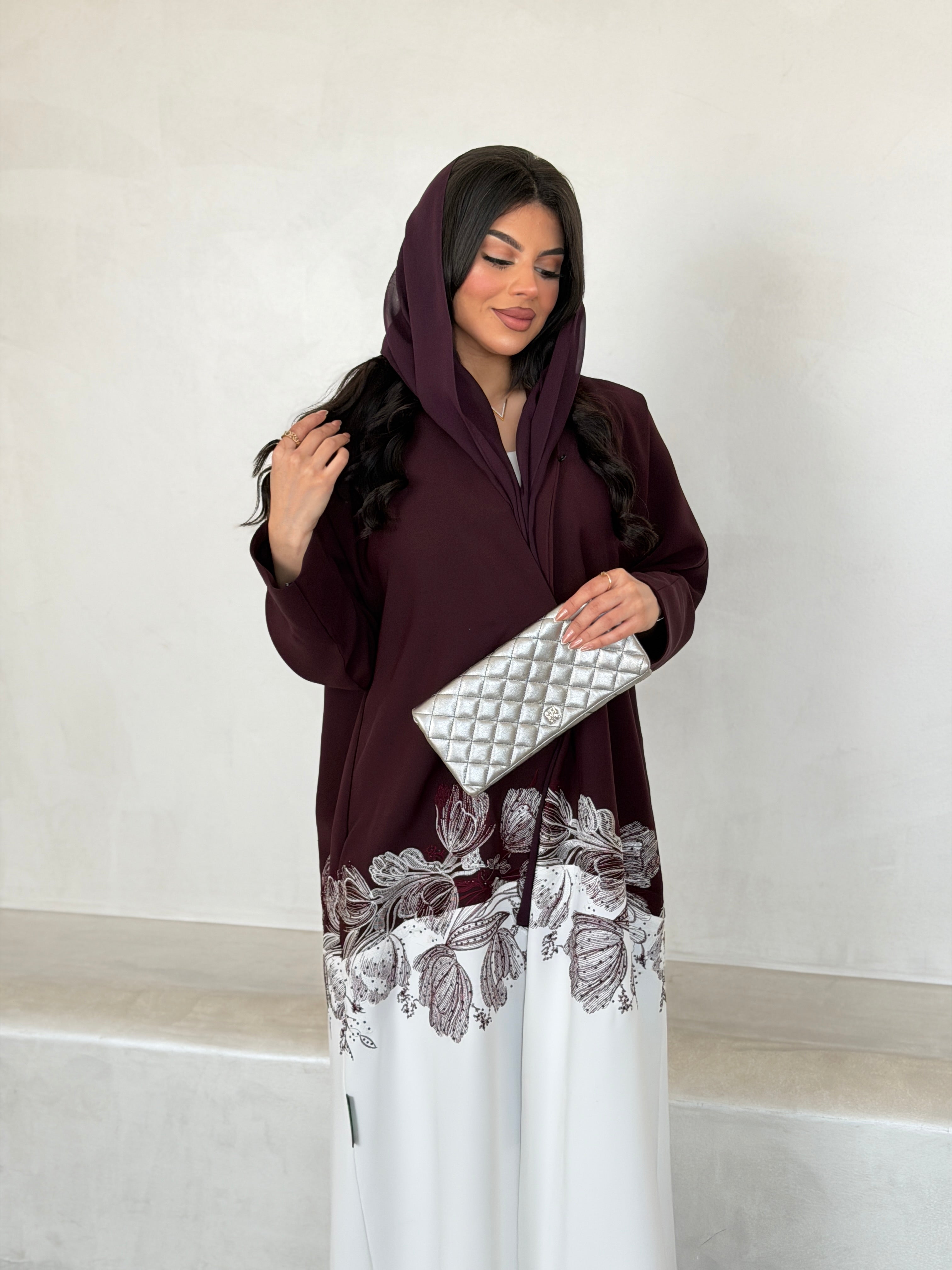 FAB293- Burgundy & White Crepe Crystal Embroidered Abaya