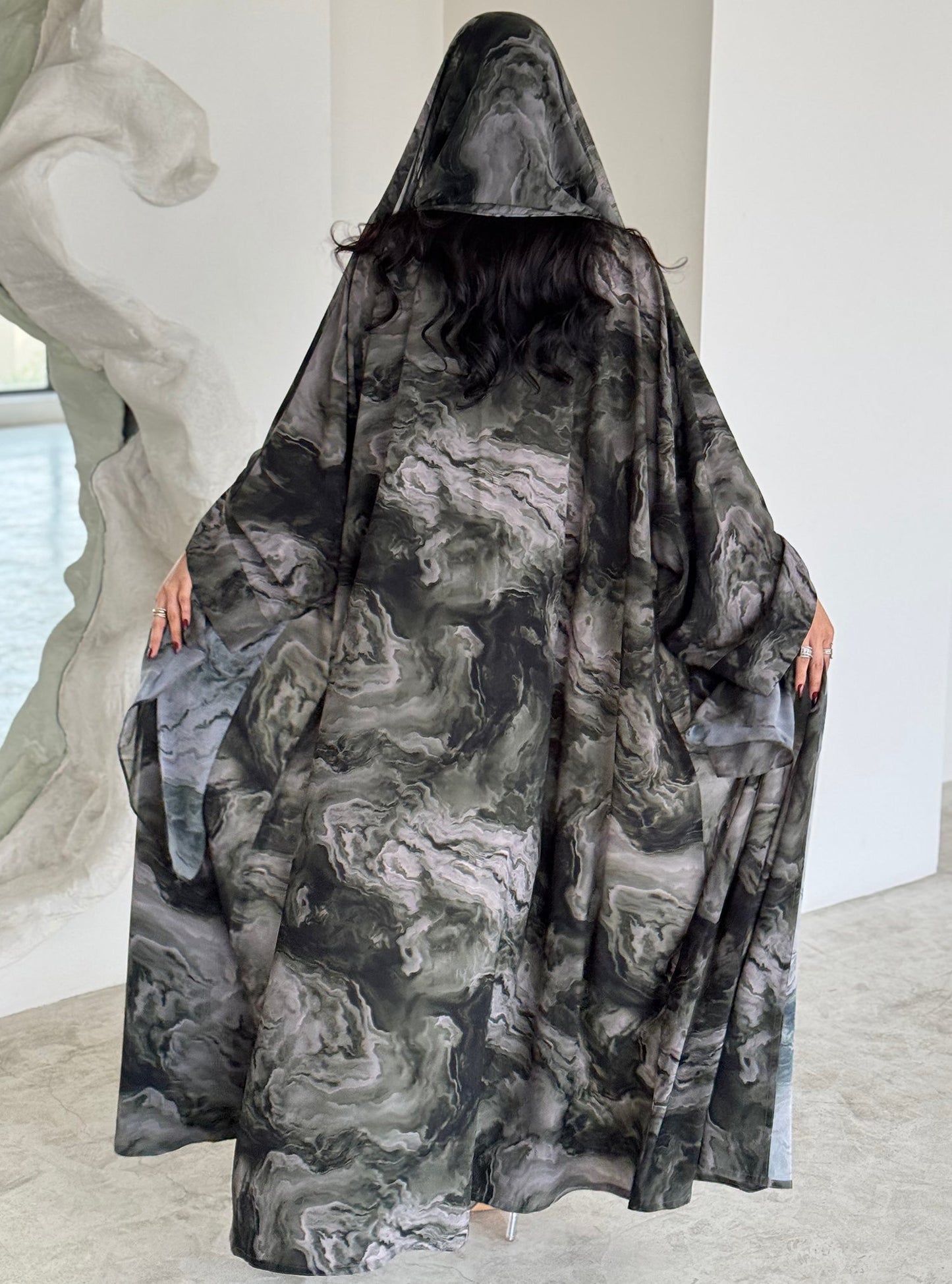 FAB160-Grey Black tie-dye Abaya with matching headscarf set