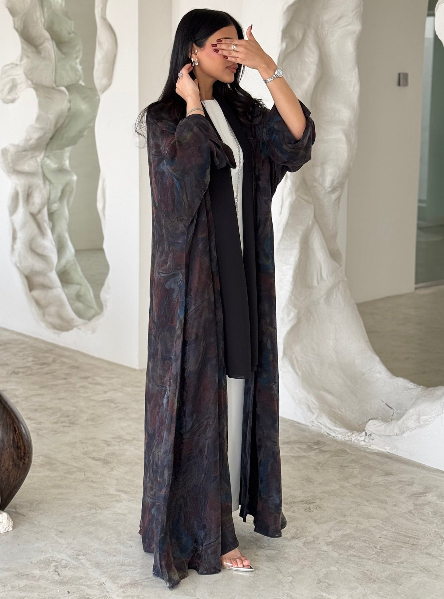 FAB157-Smoky Brown Jacquard A-Cut Abaya